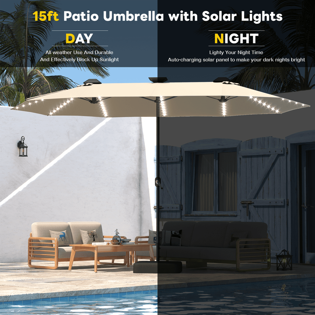 AECOJOY 10x10ft Outdoor Cantilever Patio Umbrella with Base, 360° Tilt & Rotate, Beige
