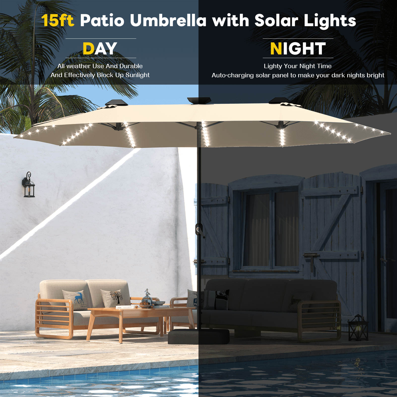 AECOJOY 10x10ft Outdoor Cantilever Patio Umbrella with Base, 360° Tilt & Rotate, Beige