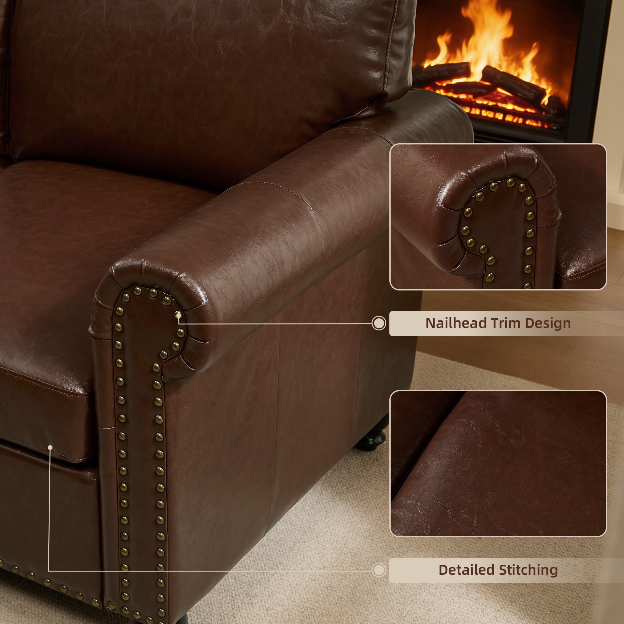 Me'on 80'' Faux Leather Sofa with Storage Seats, Classic 3-Seater Couch with Nailhead Trim, Easy Assembly, Dark Brown
