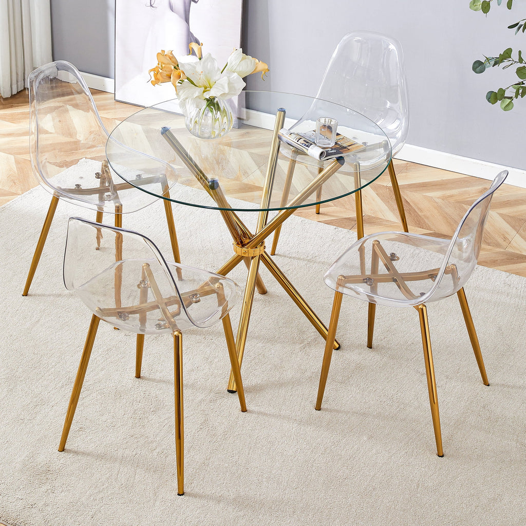LUFTUT 36.6 Round Glass Dining Table, Modern Gold Base Kitchen Table, Small Space Bistro Table, Clear Tempered Glass Top for Apartmen