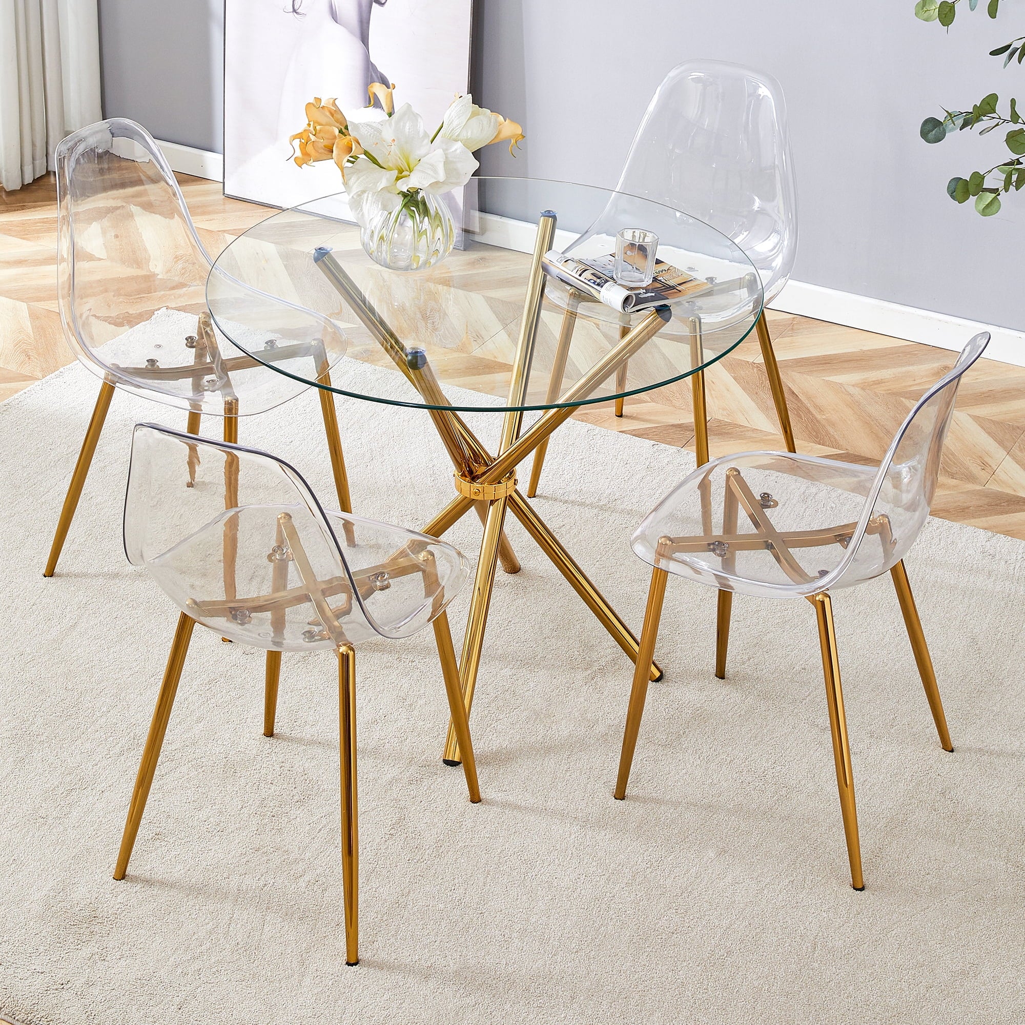 LUFTUT 36.6 Round Glass Dining Table, Modern Gold Base Kitchen Table, Small Space Bistro Table, Clear Tempered Glass Top for Apartmen