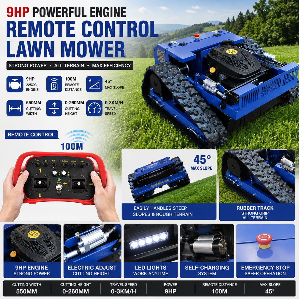 DeepKron Robotic Lawn Mower Gasoline Rato 225cc 9HP Remote Controlled Tracked Lawn Mower All-Terrain Robotor Mower Classic