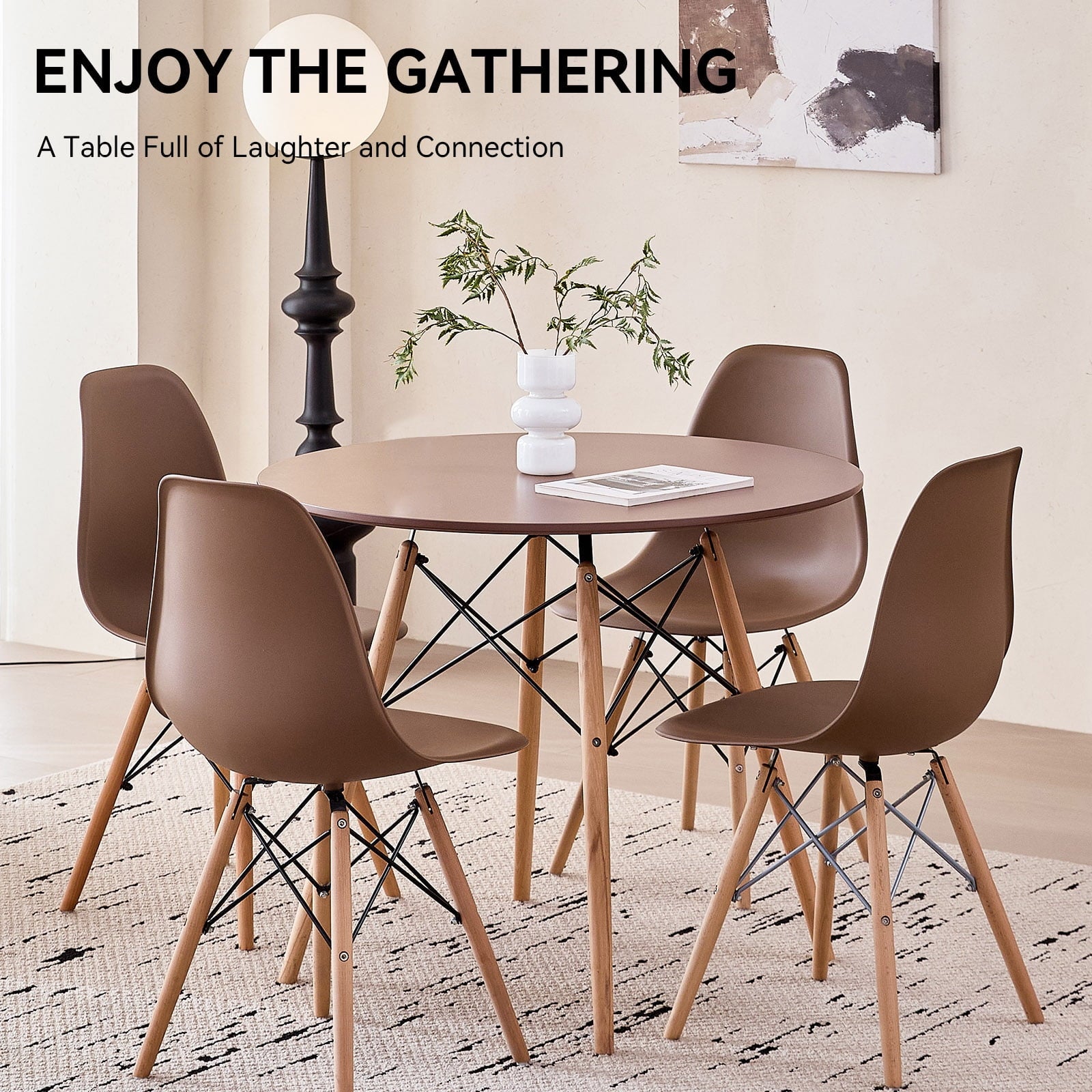 5-Piece 35.5'' Round Dining Table Set for 4, Kitchen Table Chair Set of 4, Mid-Century Modern Dinette Dining Room Table Set Dinner Table for 4 W/Solid Wood Legs, White