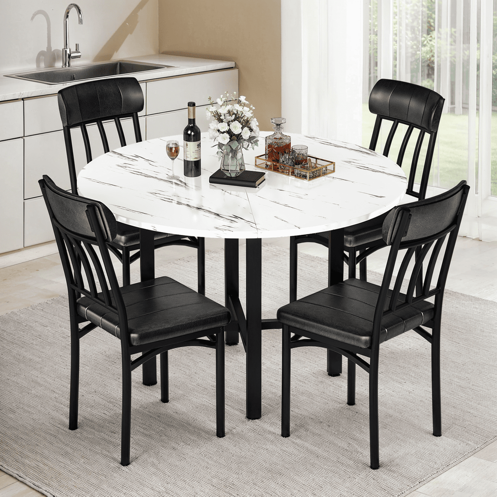 Lamerge Round Dining Table Set for 4,Wood Round Kitchen Table and Chairs Set for 4,Modern Dining Room Table Set with 4 Faux Leather Chairs,Round Dinner Table for Small Space,Brown