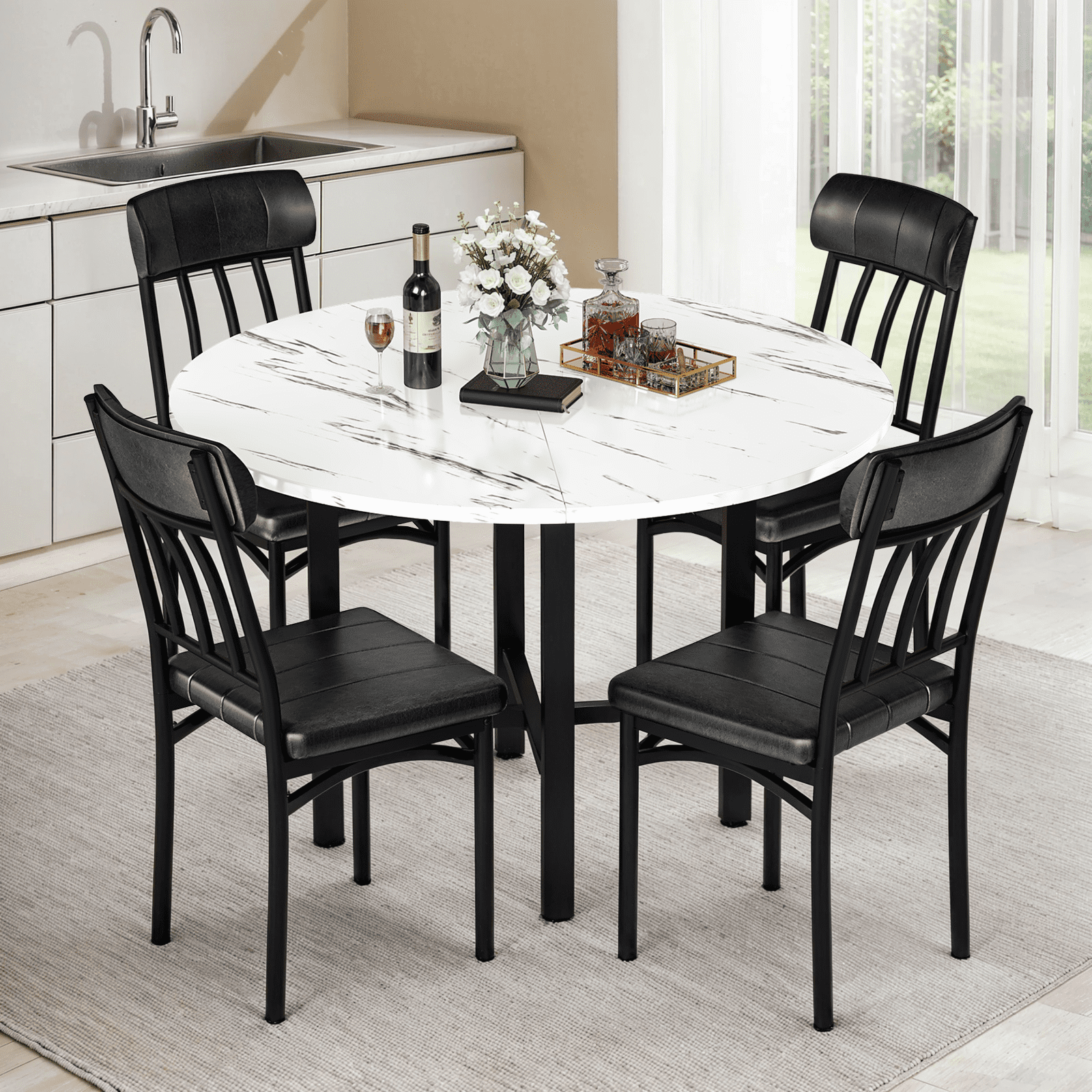 Lamerge Round Dining Table Set for 4,Wood Round Kitchen Table and Chairs Set for 4,Modern Dining Room Table Set with 4 Faux Leather Chairs,Round Dinner Table for Small Space,Brown