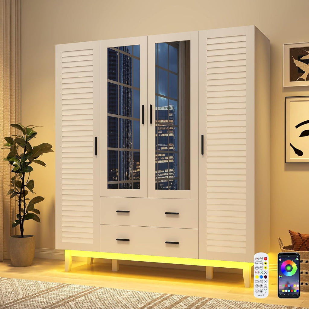 Blotout 70 Armoire Wardrobe Closet with Mirror & LED Lights, LED White Louver Door Wardrobe Armoire with 3 Drawers & Hanging Rods, Large 3 Doors Armoire Storage with Multi-Layer Shelves