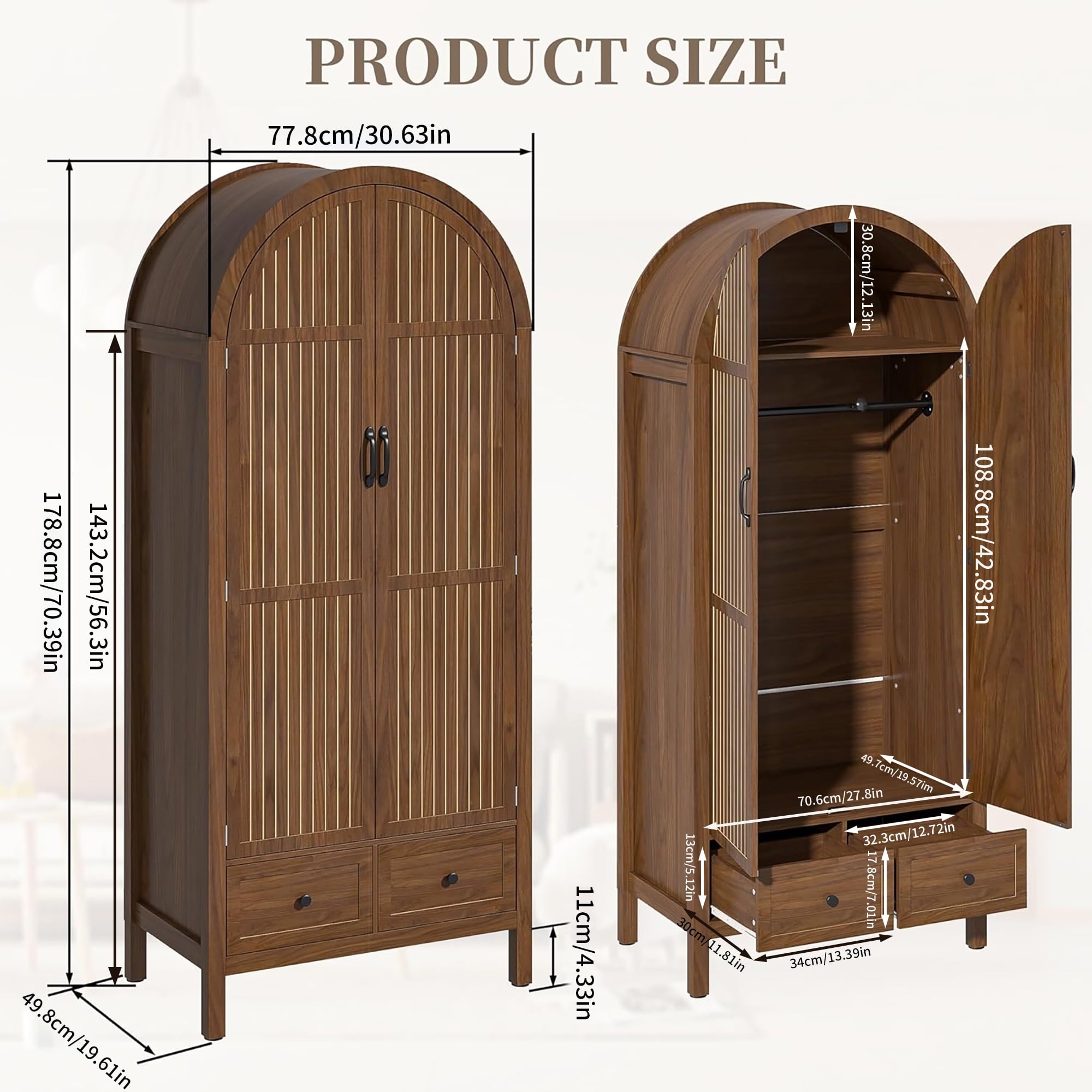Armoire Wardrobe Closet, Wardrobe Cabinet with Drawers and Hanging Rod, Wooden Armoire Closet for Bedroom, Walnut