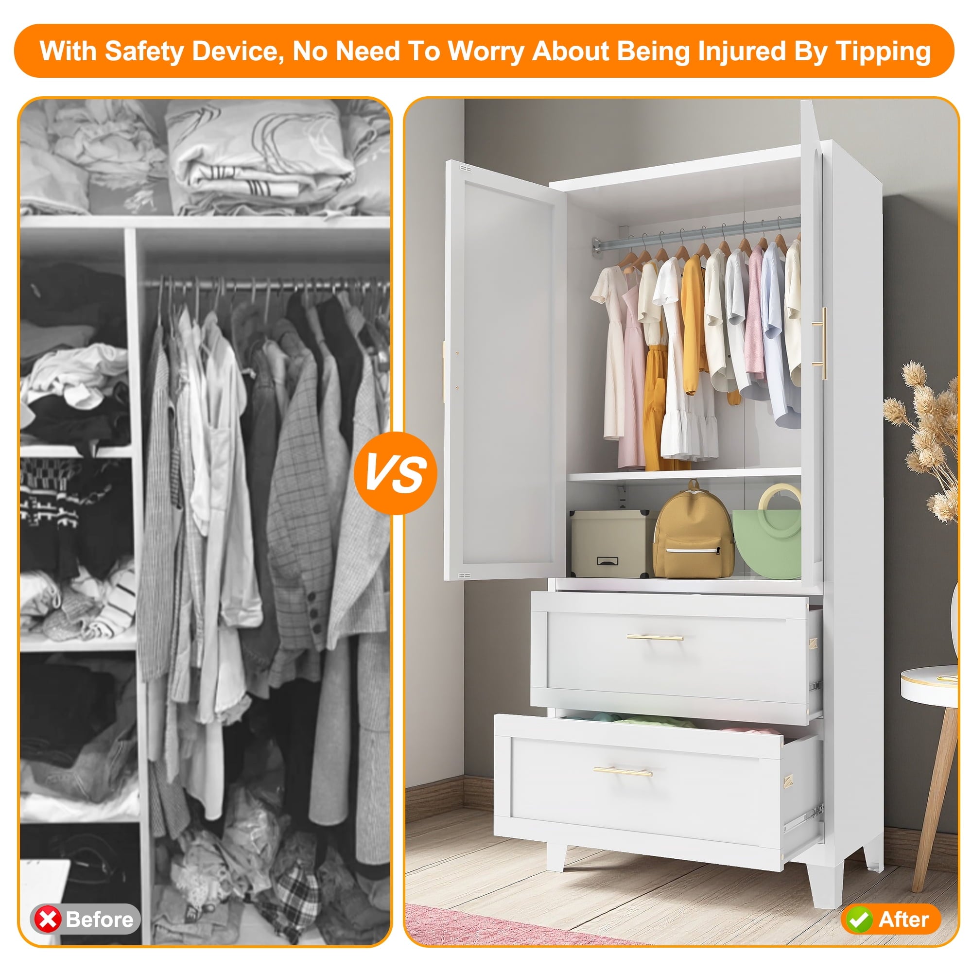 avobird 60 Tall Metal Wardrobe Cabinet with 1 Drawer and Hanging Rod, 2 Doors Wardrobe Closet with Shelf for Bedroom, Beige