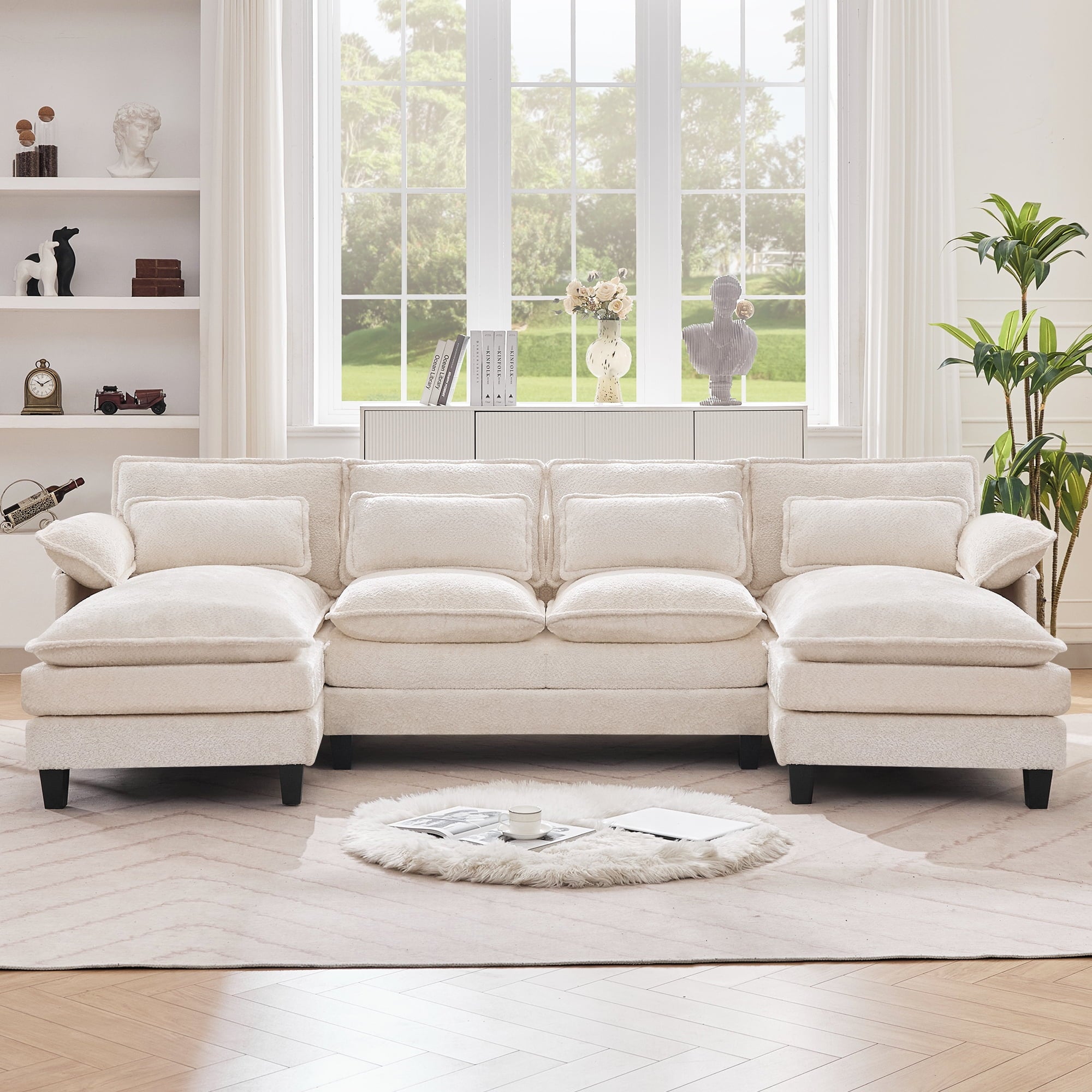 JONPONY109.45 U Shaped Couch,Oversized 4 Seat Sectional with 4 Waist Pillows, Convertible Upholstery Symmetrical Sofá,Sleeper Sofa Couch with Double Chaise Lounge &Memory Foam for Living Room, Beige
