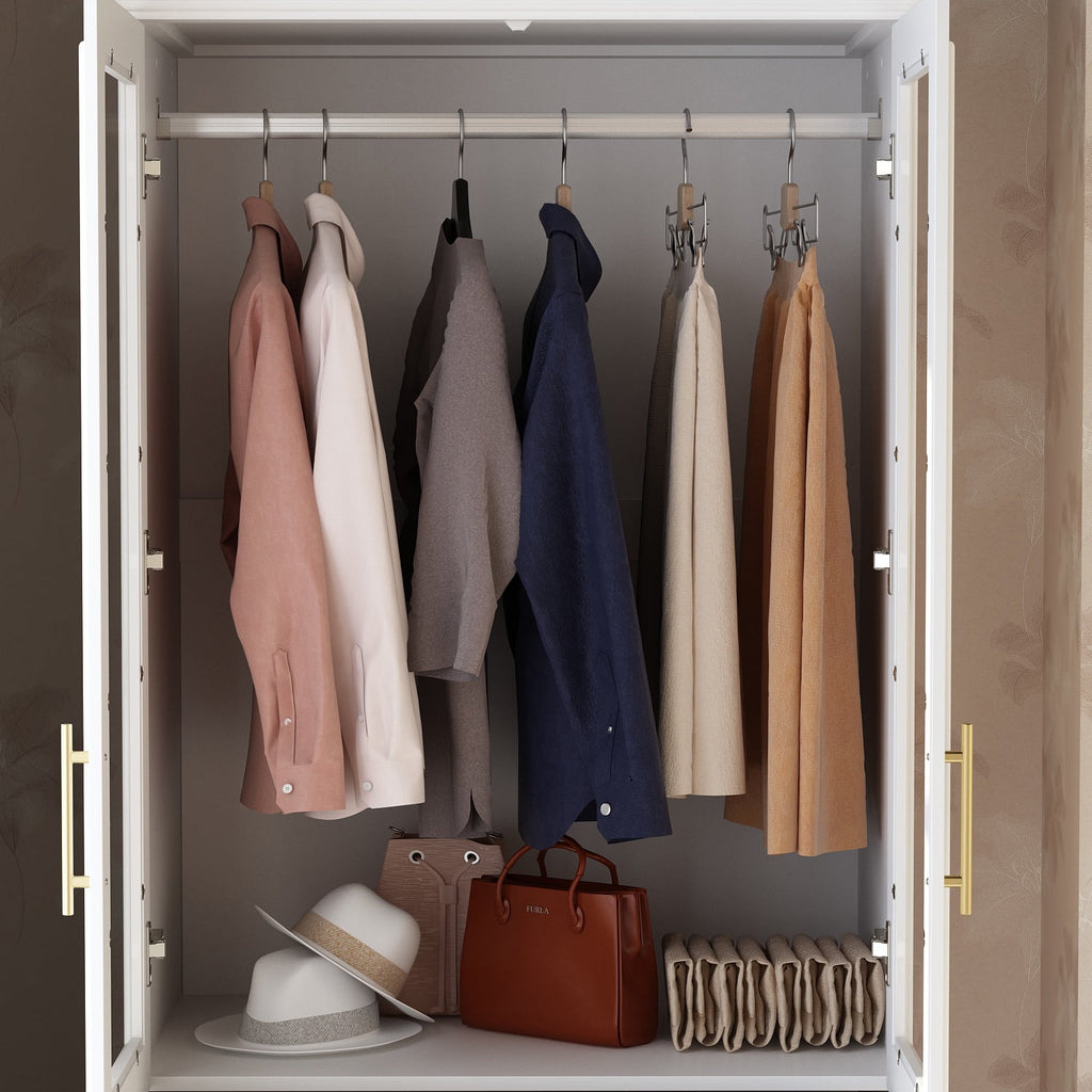 KULAGAGA Wardrobe Closet with Hanging Rod, Modern Wooden Armoire with 4 Framed Doors & 3 Large Shelves, Clothes Storage Cabinet Organizer for Bedroom Apartment, White