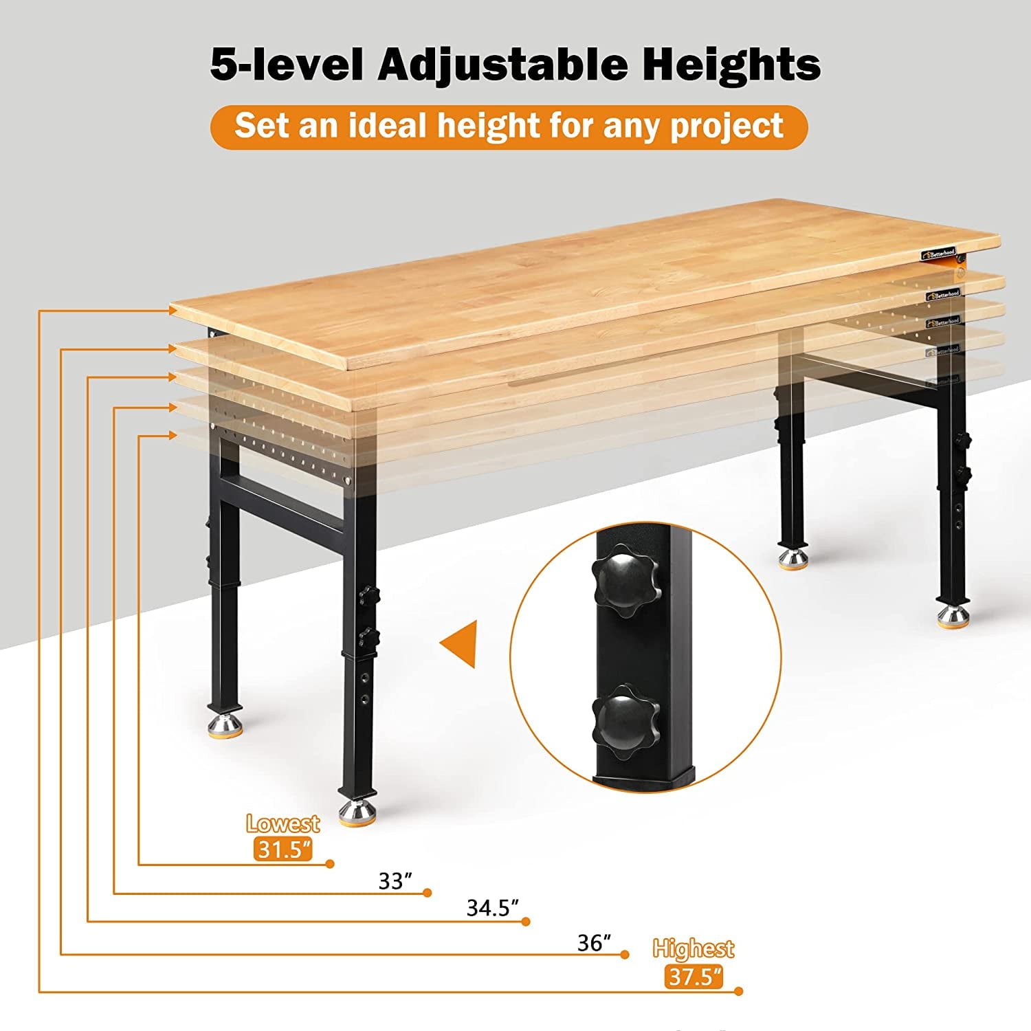 Tolead 60 Heavy-Duty Adjustable Workbench with Power Outlets, Rubber Wood Shop Table, Metal Wheels, Workstation