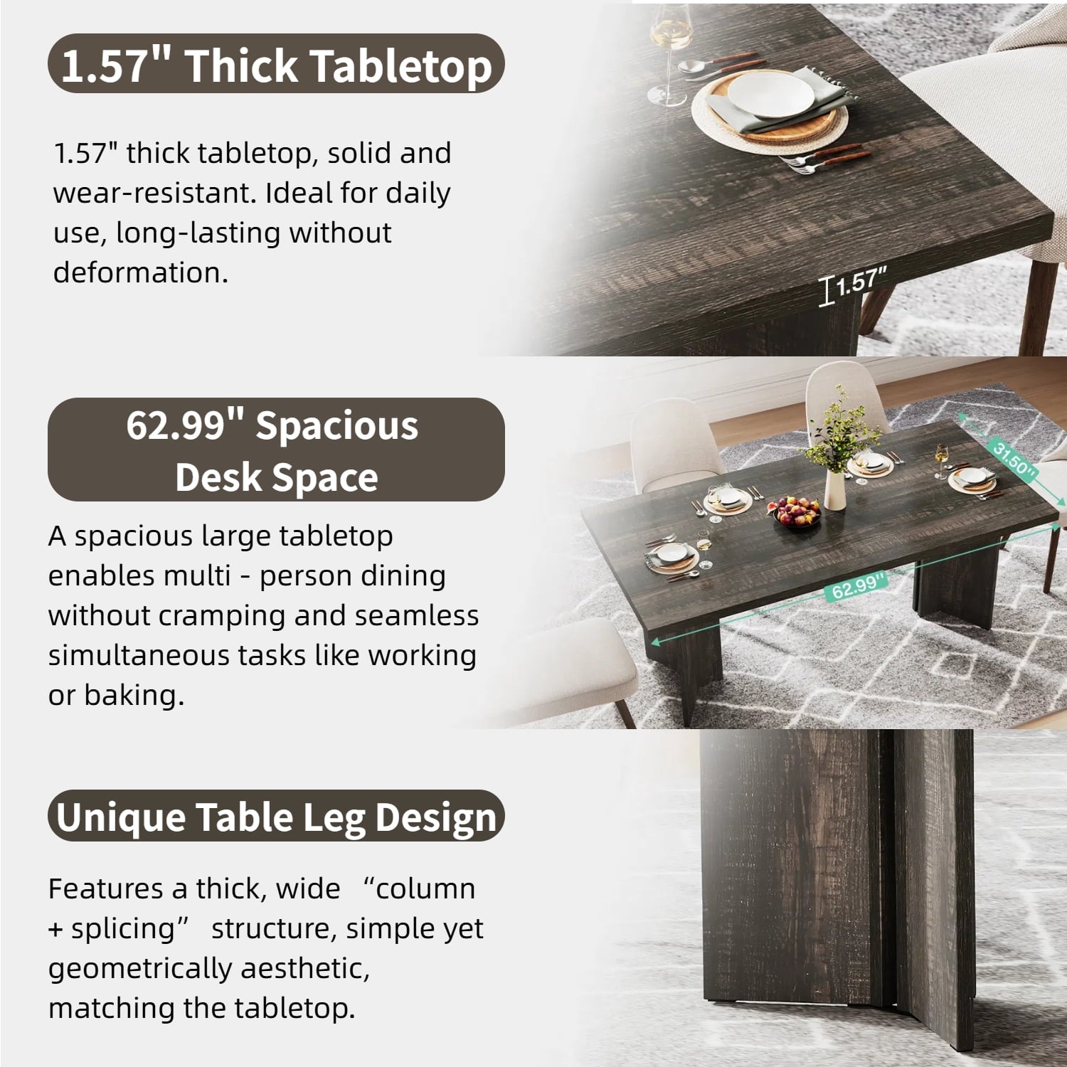 Fnova 63 Rectangular Modern Dining Table, Wooden Modern Kitchen Table for 6 People for Dining Room, Warm Brown (Chairs Not Included)