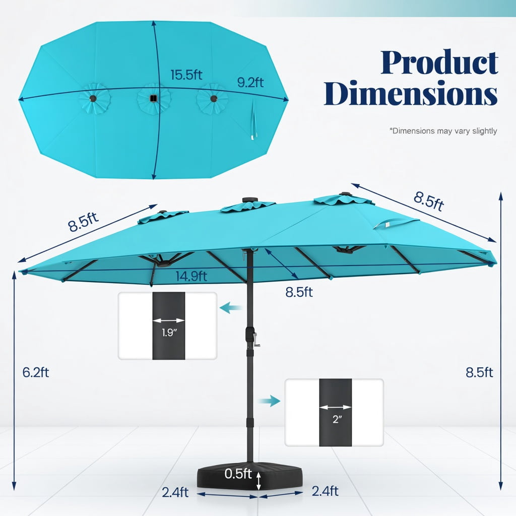 Demi Bonn 15FT Double-Sided Solar LED Patio Umbrella, 48 Warm LED Lights Large Steel Frame Sun Canopy, Stylish Outdoor Backyard Shade Umbrella, Turquoise Dark Red Beige Brown Orange Navy Gray