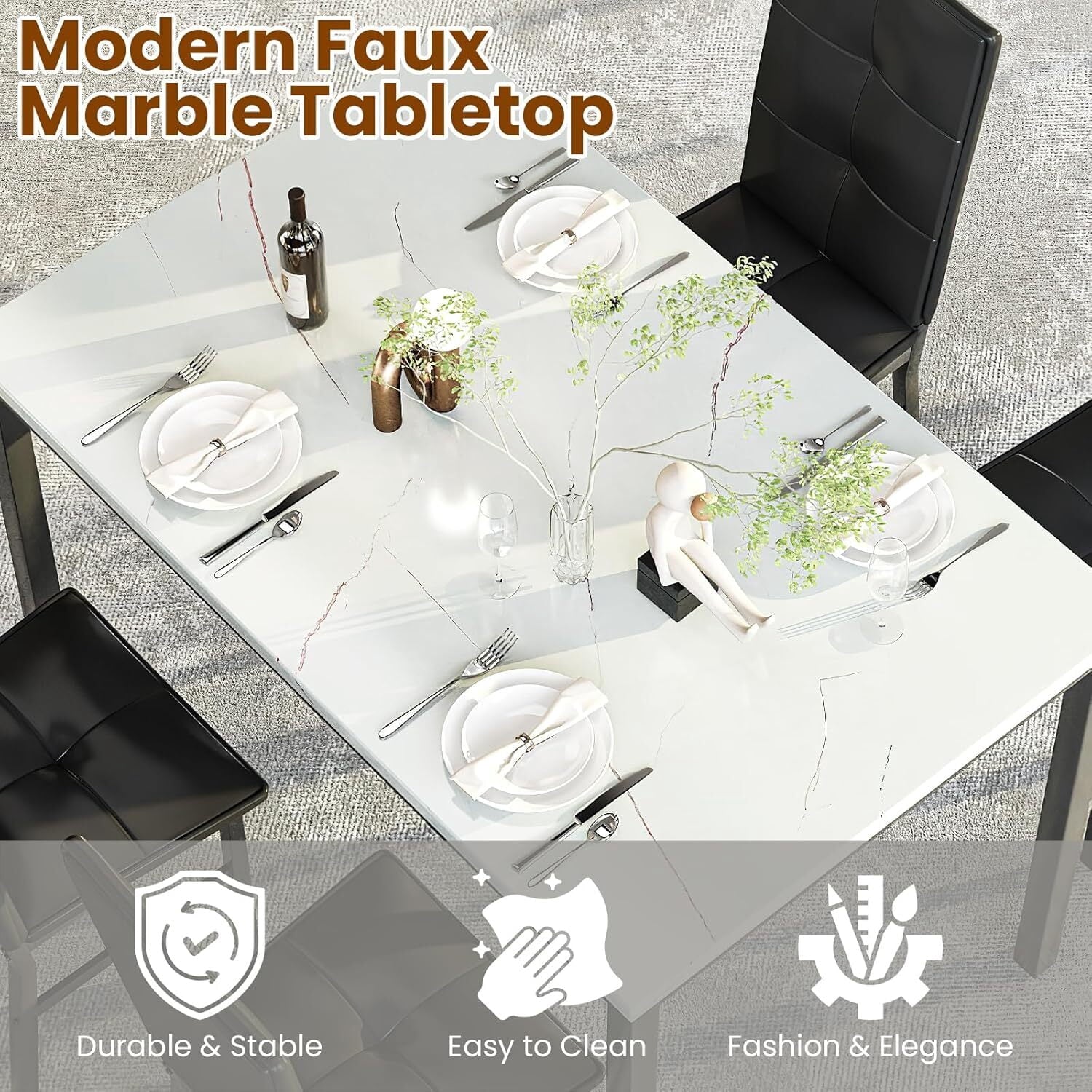 MOOSENG Dining Table Set for 4, Faux Marble Kitchen Table and Chairs Set of 4, 5-Piece Dining Room Set with PU Leather Upholstered Chairs for Small Space, Gray