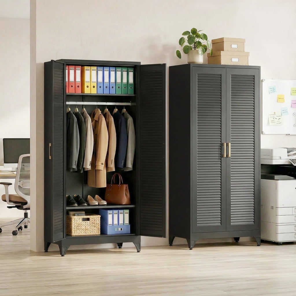 Polup 71 H Modern Metal Sturdy Armoire Cabinet with Shelves and Hanging Rod, Adult Bedroom Wardrobe Closet with Doors