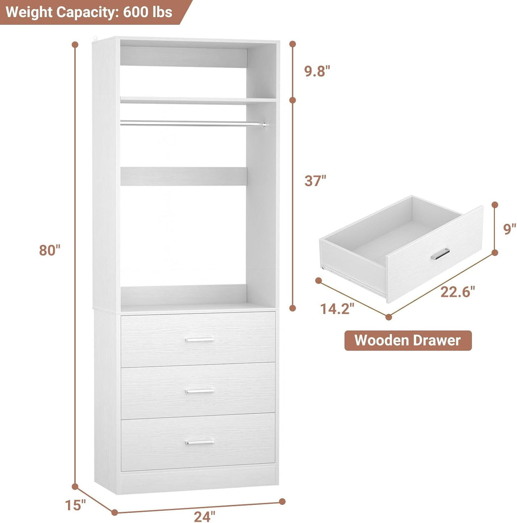 Homieasy Freestanding 2FT Closet System with 3 Wood Drawers, 24 Closet Organizer System with Hanging Rod & Shelves, Walk-in Closet Systems for Small Closets, White