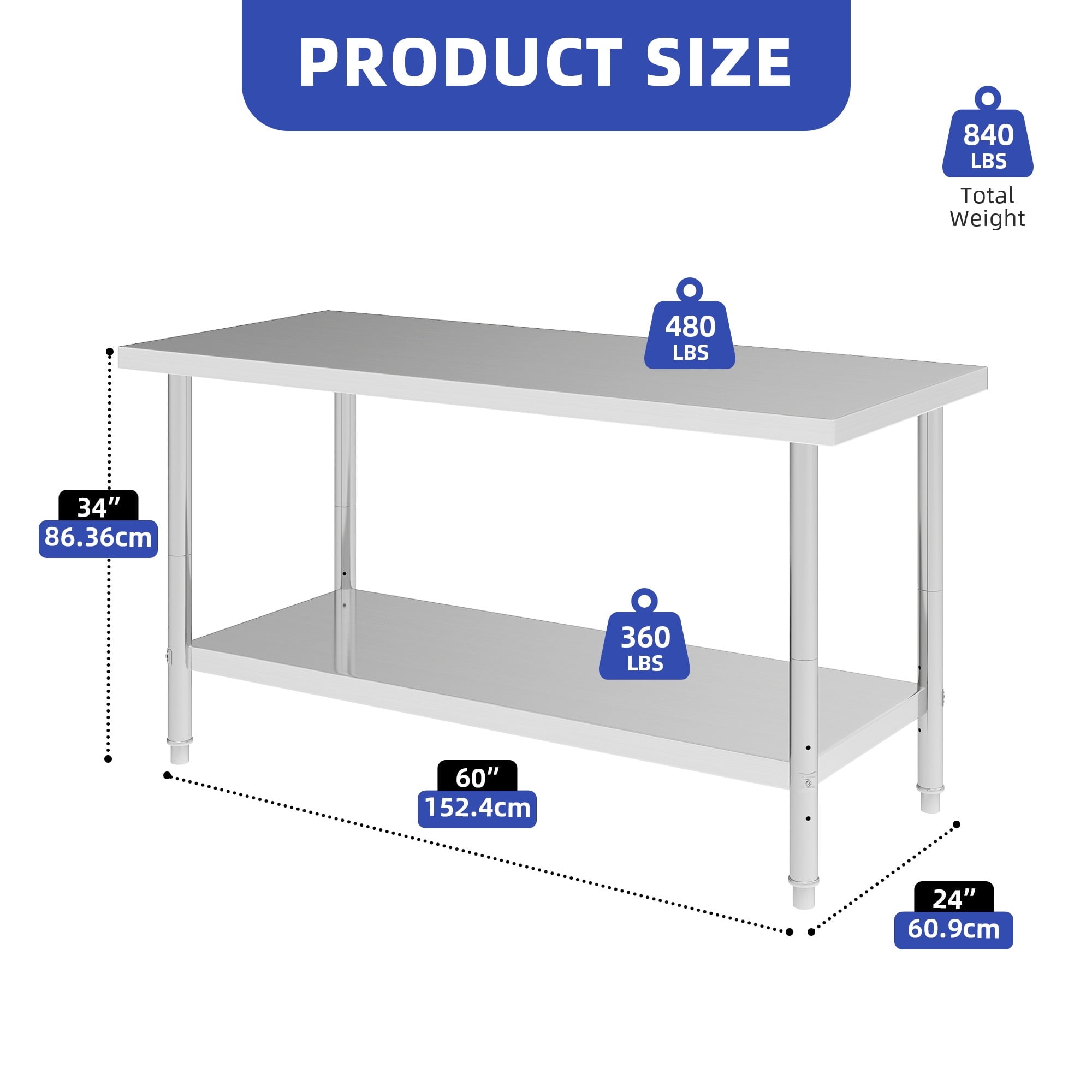 ModFusion 60x24 Heavy-Duty Stainless Steel Workbench with Adjustable Kitchen Rack, 5'x2'x2.8' ft Metal Prep Detailing Table, Home Steel Shelving, Utility Tools