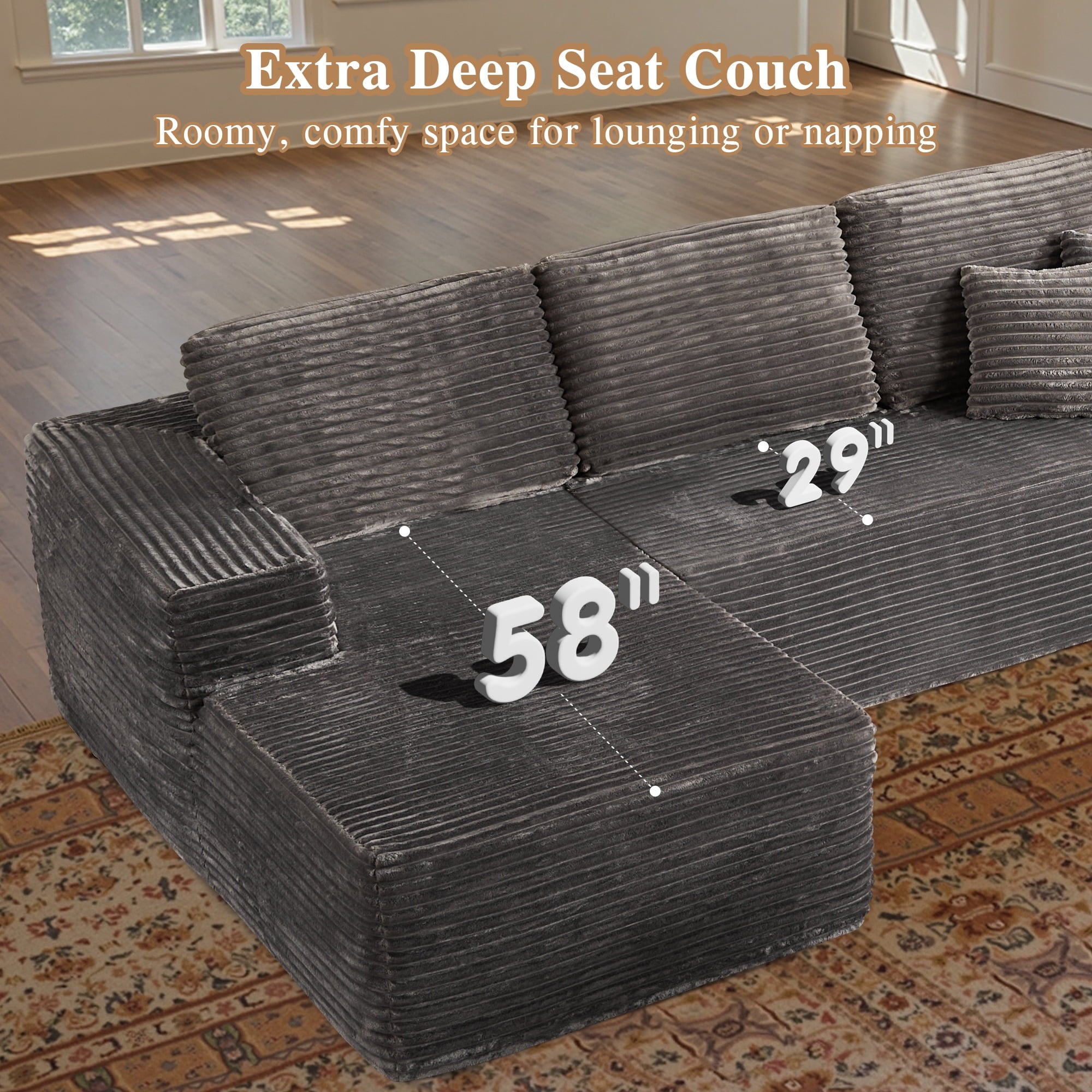 Ovios 106 Cloud Sofa Couch No Assembly Boneless Deep Seat Sofa for Living Room, Black (Corduroy)