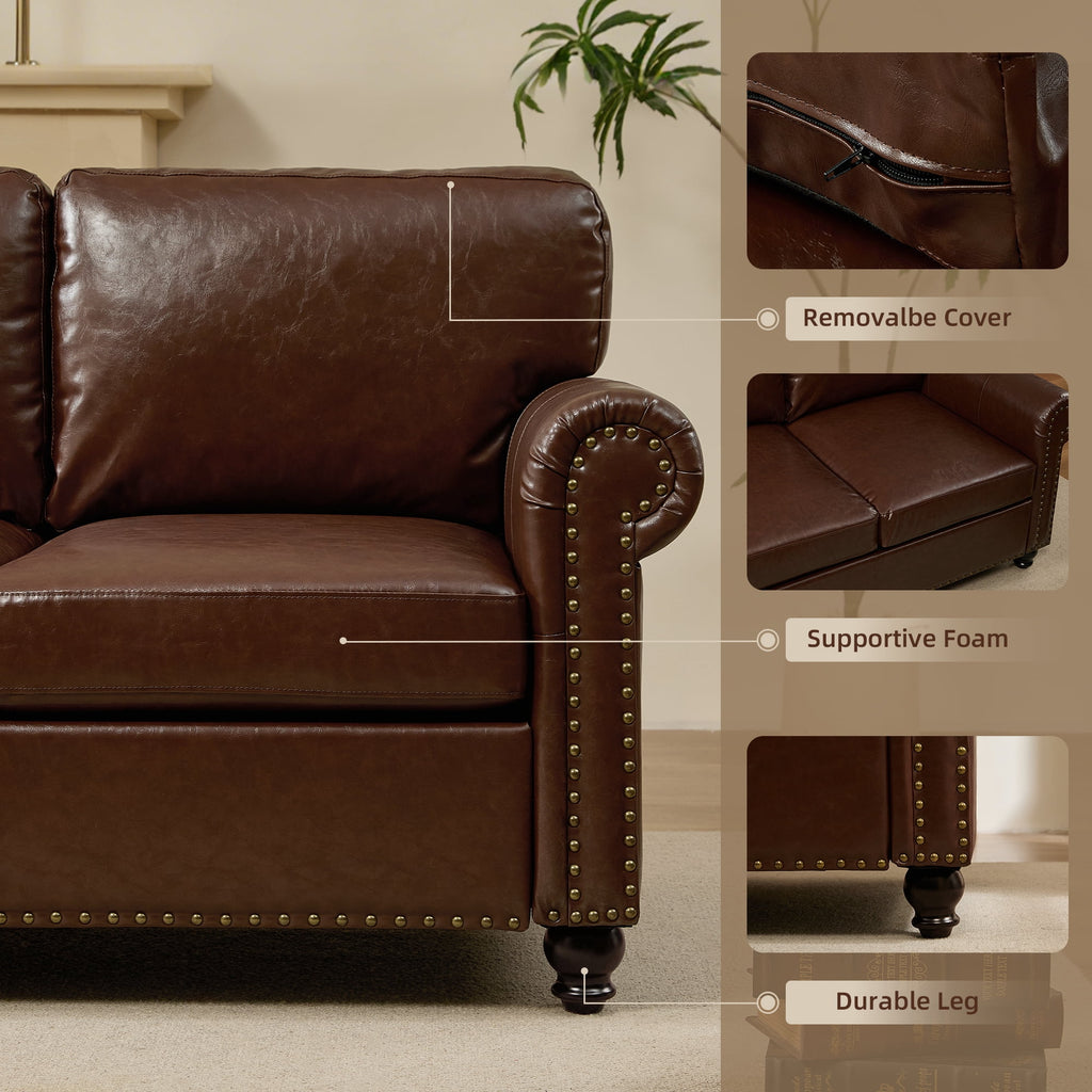 Me'on 80'' Faux Leather Sofa with Storage Seats, Classic 3-Seater Couch with Nailhead Trim, Easy Assembly, Dark Brown