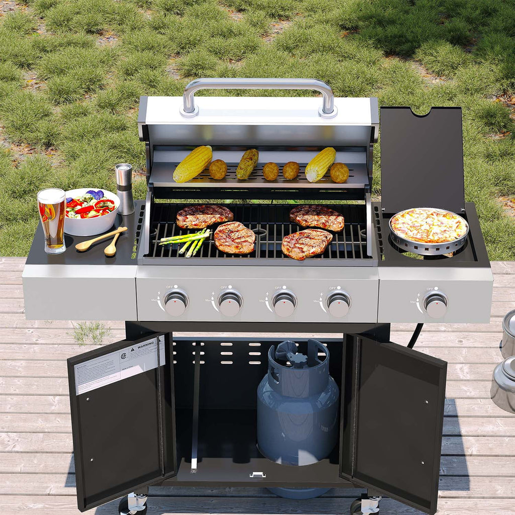 Clouddwell 4 Burner Gas Propane Grill, with 4 Casters, Side Table, and Thermometer, Patio Garden BBQ Grill Perfect for Camping, Black and Silver