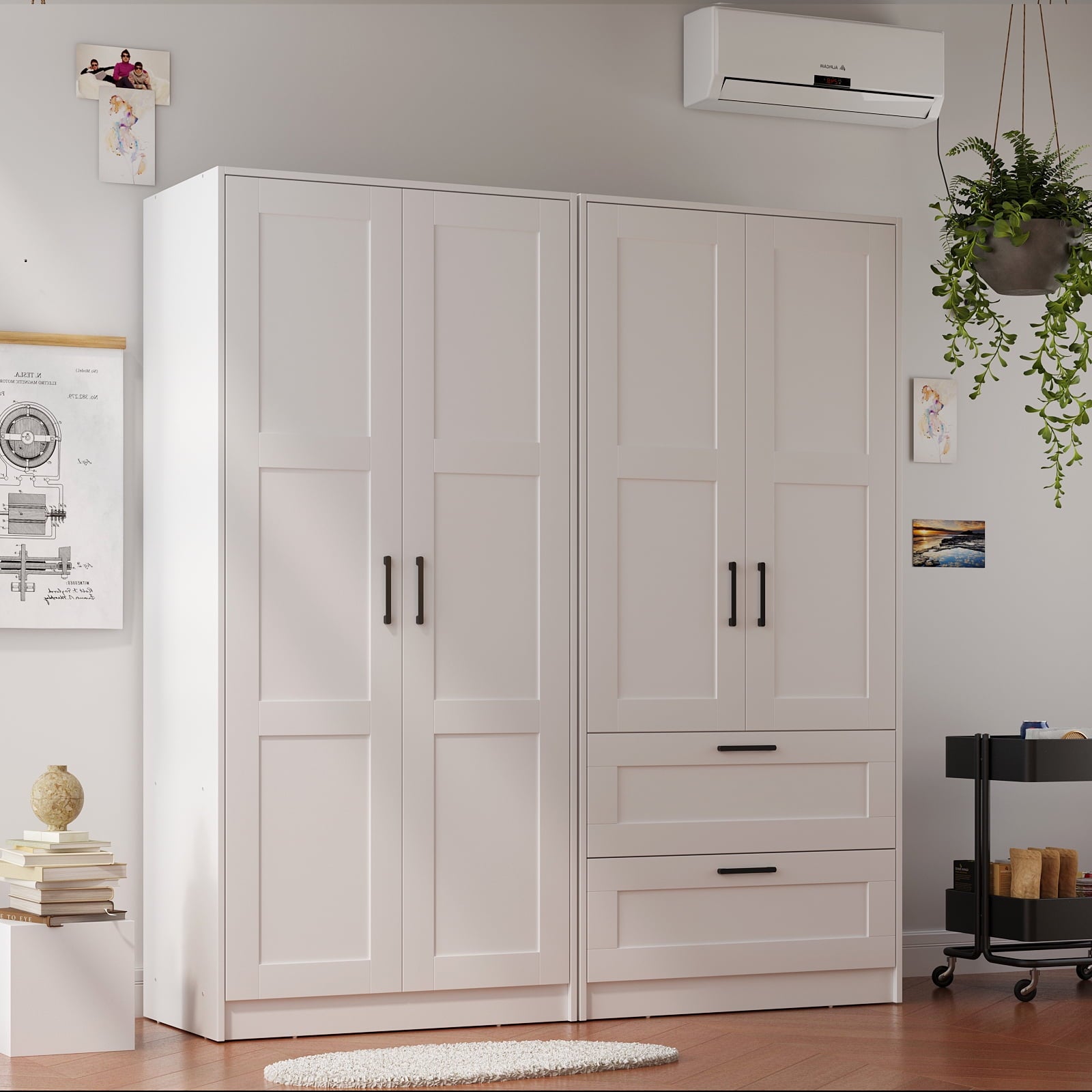 Wood White Wardrobe Closet with 2 Doors，Bedroom Freestanding Armoire Storage Cabinet with Shelves，Wooden Wardrobe Combination for Hanging Clothes