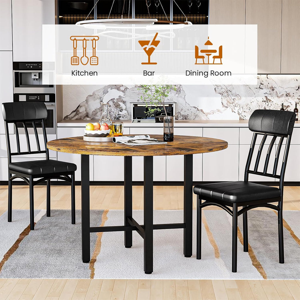 LinkRomat Round Dining Table Set for 4, Modern Dining Room Sets with 4 Faux Leather Chairs, Kitchen Dinner Wooden Table & Chair Set for Small Space, Grey