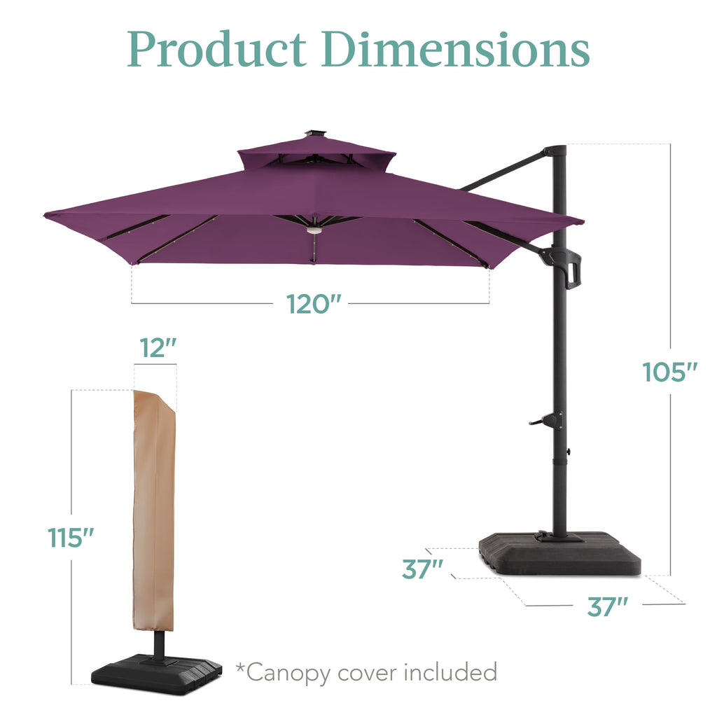 Best Choice Products 10x10ft 2-Tier Square Outdoor Solar LED Cantilever Patio Umbrella w/ Base Included - Tan