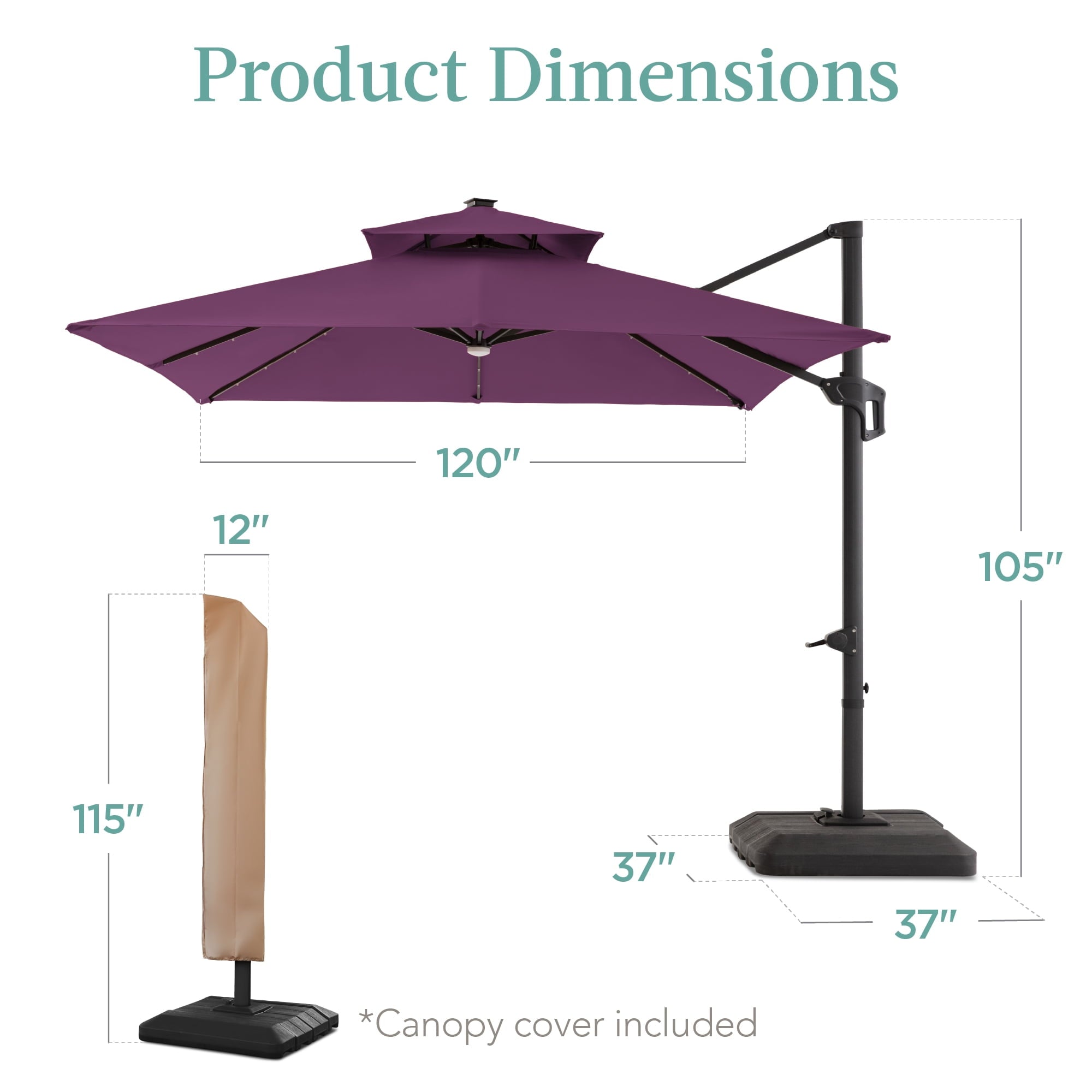 Best Choice Products 10x10ft 2-Tier Square Outdoor Solar LED Cantilever Patio Umbrella w/ Base Included - Tan