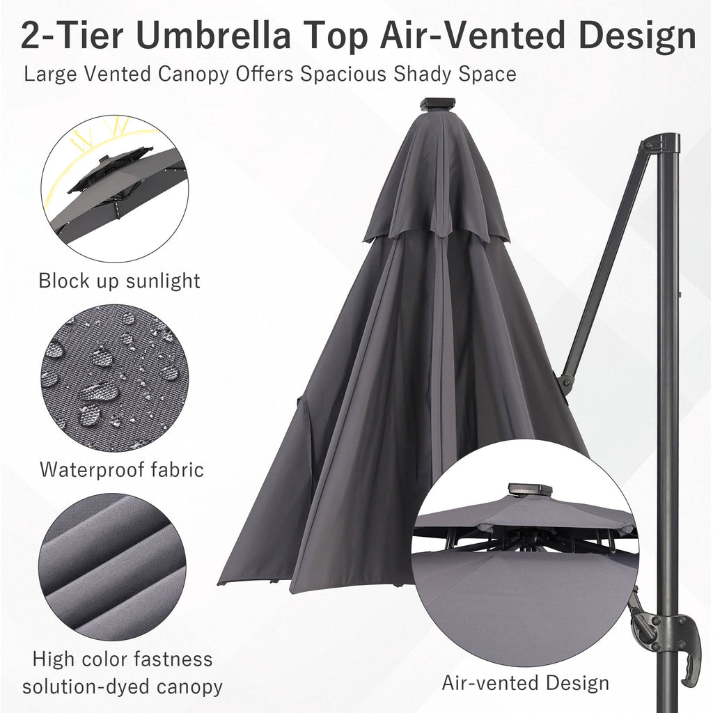 Ainfox 10ft Double Top Heavy-Duty Patio Cantilever Umbrella with lights and Cross Base, Outdoor Large Offset Hanging Aluminum Rotation Sun Shade Solar Umbrella with 360°Rotation Adjustable,Khaki