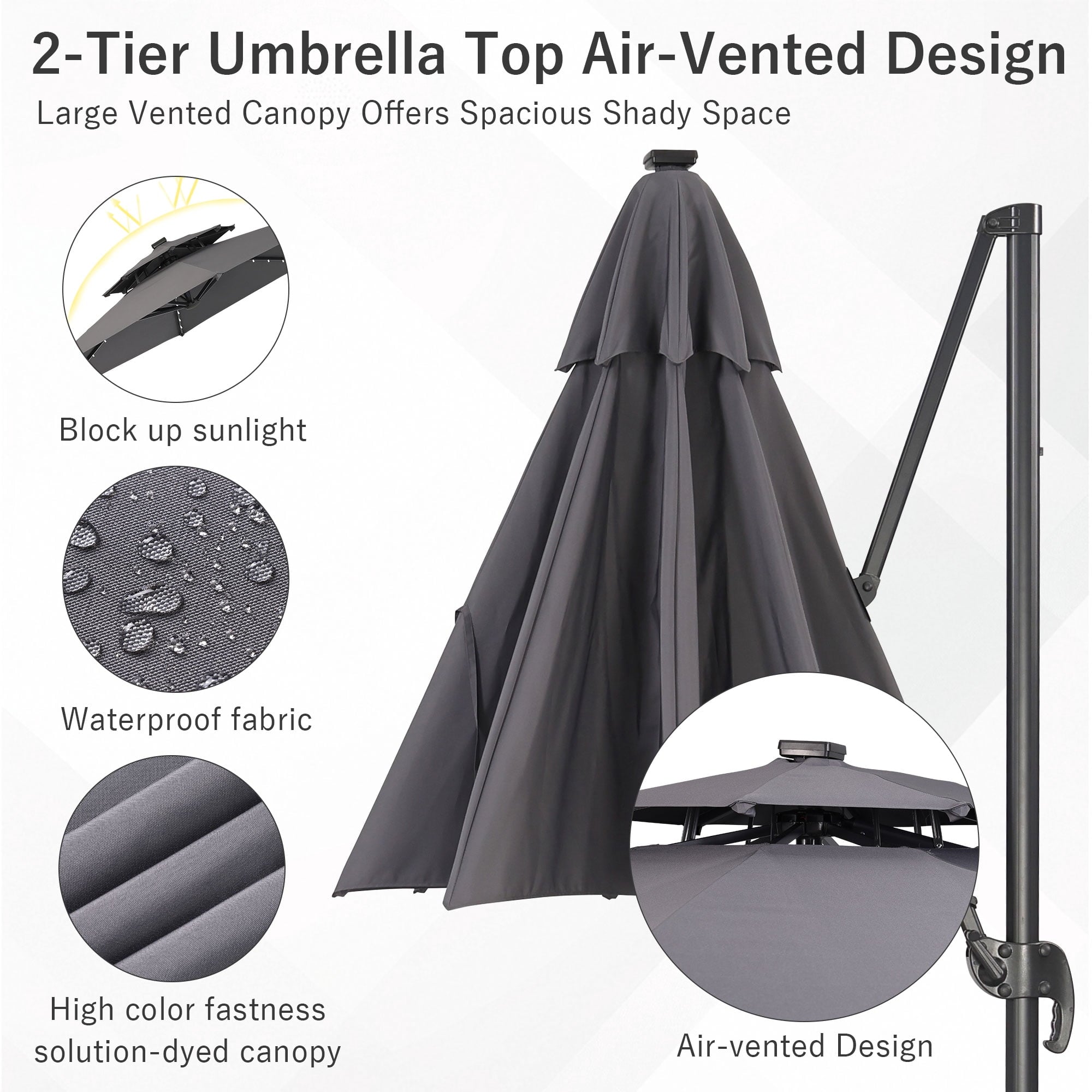 Ainfox 10ft Double Top Heavy-Duty Patio Cantilever Umbrella with lights and Cross Base, Outdoor Large Offset Hanging Aluminum Rotation Sun Shade Solar Umbrella with 360°Rotation Adjustable,Khaki