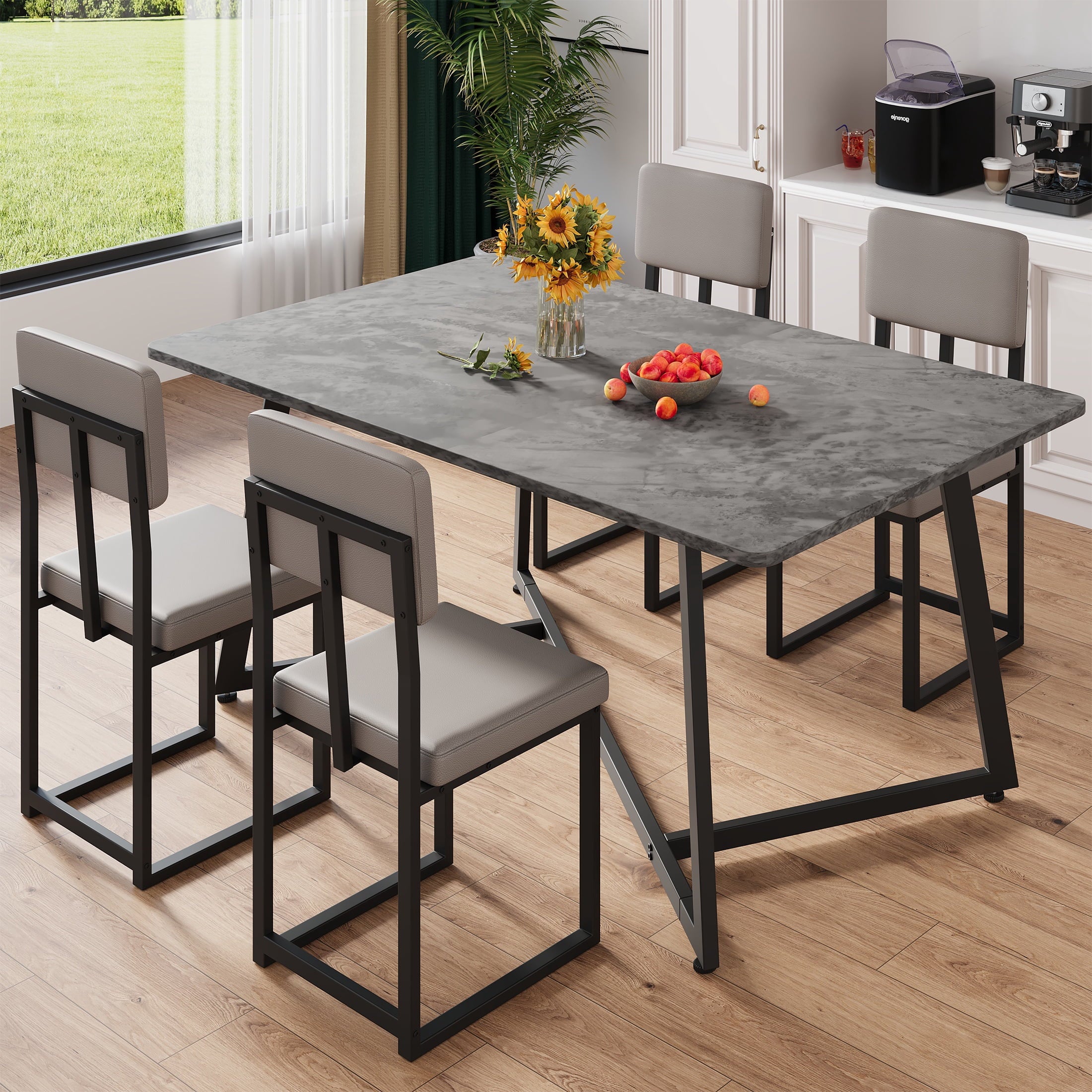 PORKISS 5 Piece Dining Table Set, Modern Faux Marble Tabletop and 4 Linen Upholstered Chairs, Rectangle Kitchen Table and Chairs for 4, White + Gray(Linen)