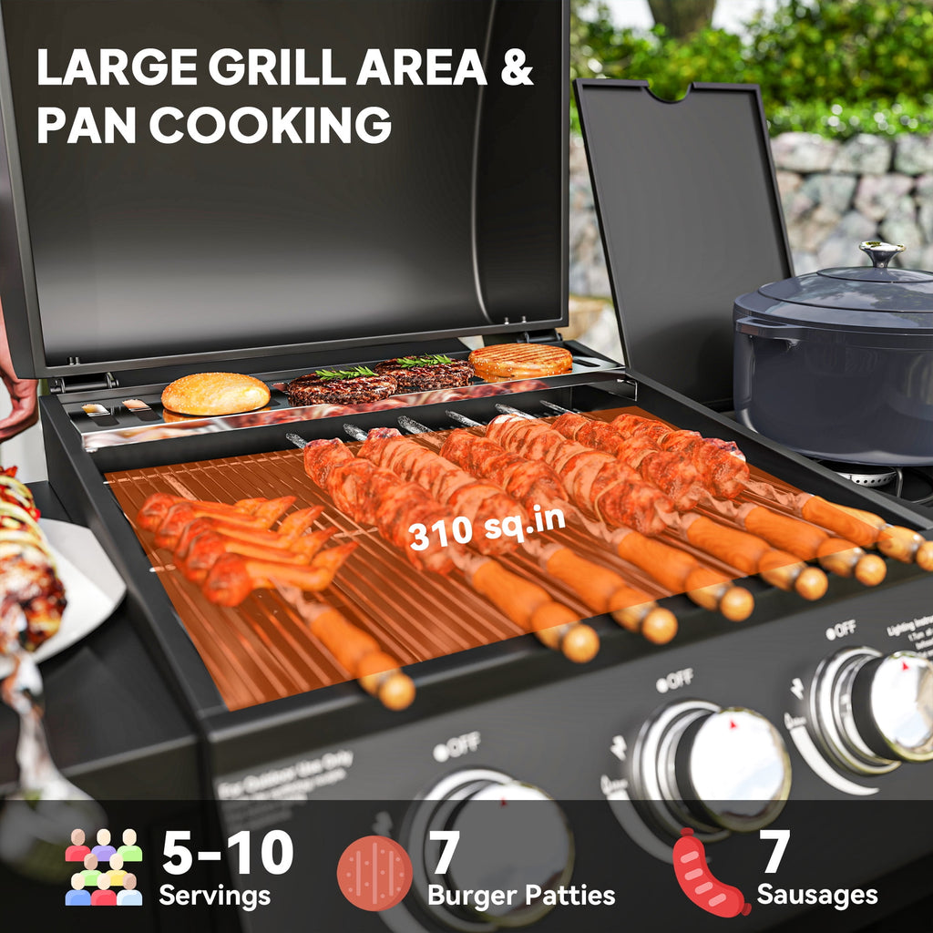 Outsunny 3 Burner Gas Grill with Side Burner, 9.5 KW Output, 310 Sq. in. Cooking Area, Cabinet Style Propane BBQ Grill with Shelves, Black