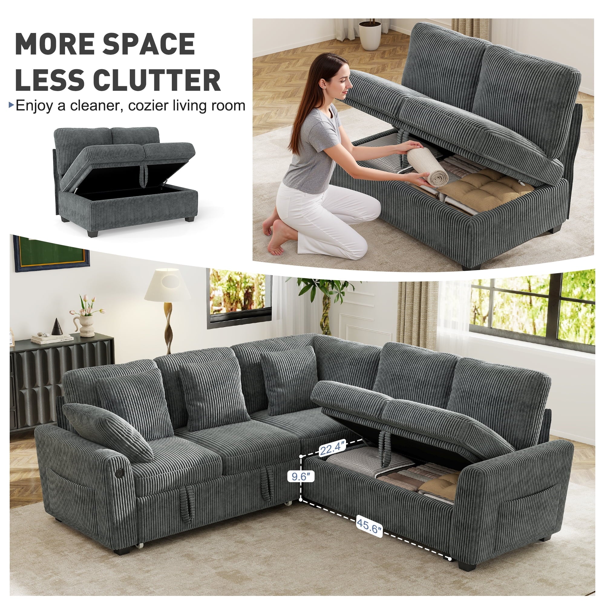 BedLuxury 83 Sectional Sleeper Sofa With Pull Out Bed, Storage Seat & USB Charging, L Shape Modern Couch for Living Room, Corduroy Gray