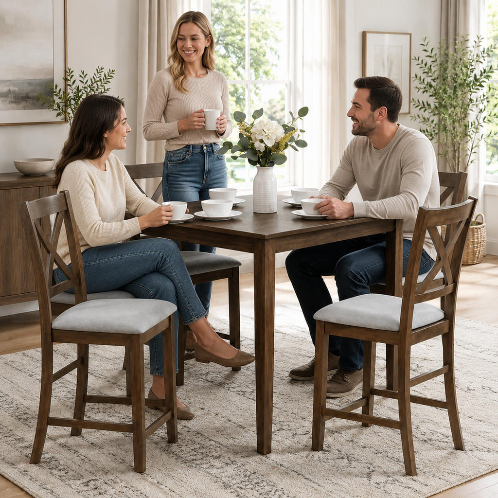 SESSLIFE Dining Table Set for 4, Counter Height Kitchen Table Set with Square Table and 4 Upholstered Chairs, Solid Wood Dining Room Set for 4, Space-Saving, Black & Oak