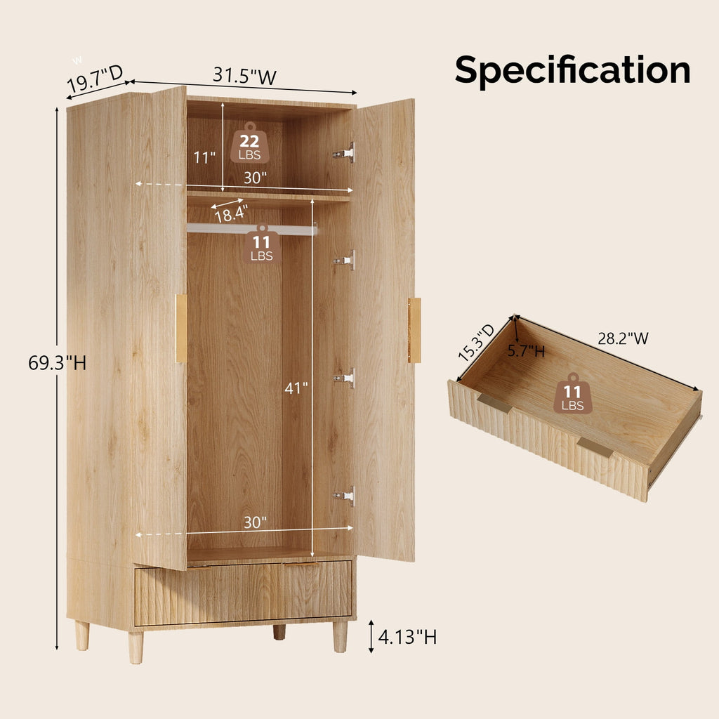 Ktaxon Wardrobe Armoire Closet with Hanging Rod, Modern Drawer & Shelf – Elegant White Finish Closet, Farmhouse to Mid-Century Style