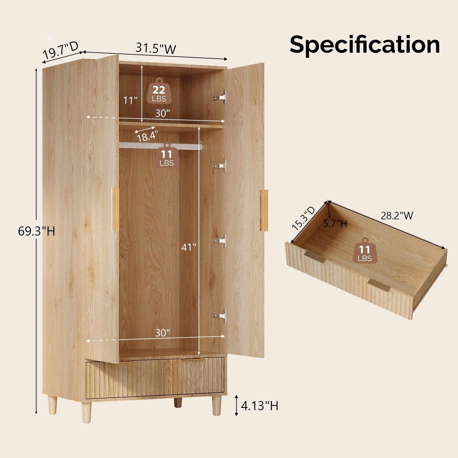 Ktaxon Wardrobe Armoire Closet with Hanging Rod, Modern Drawer & Shelf – Elegant White Finish Closet, Farmhouse to Mid-Century Style