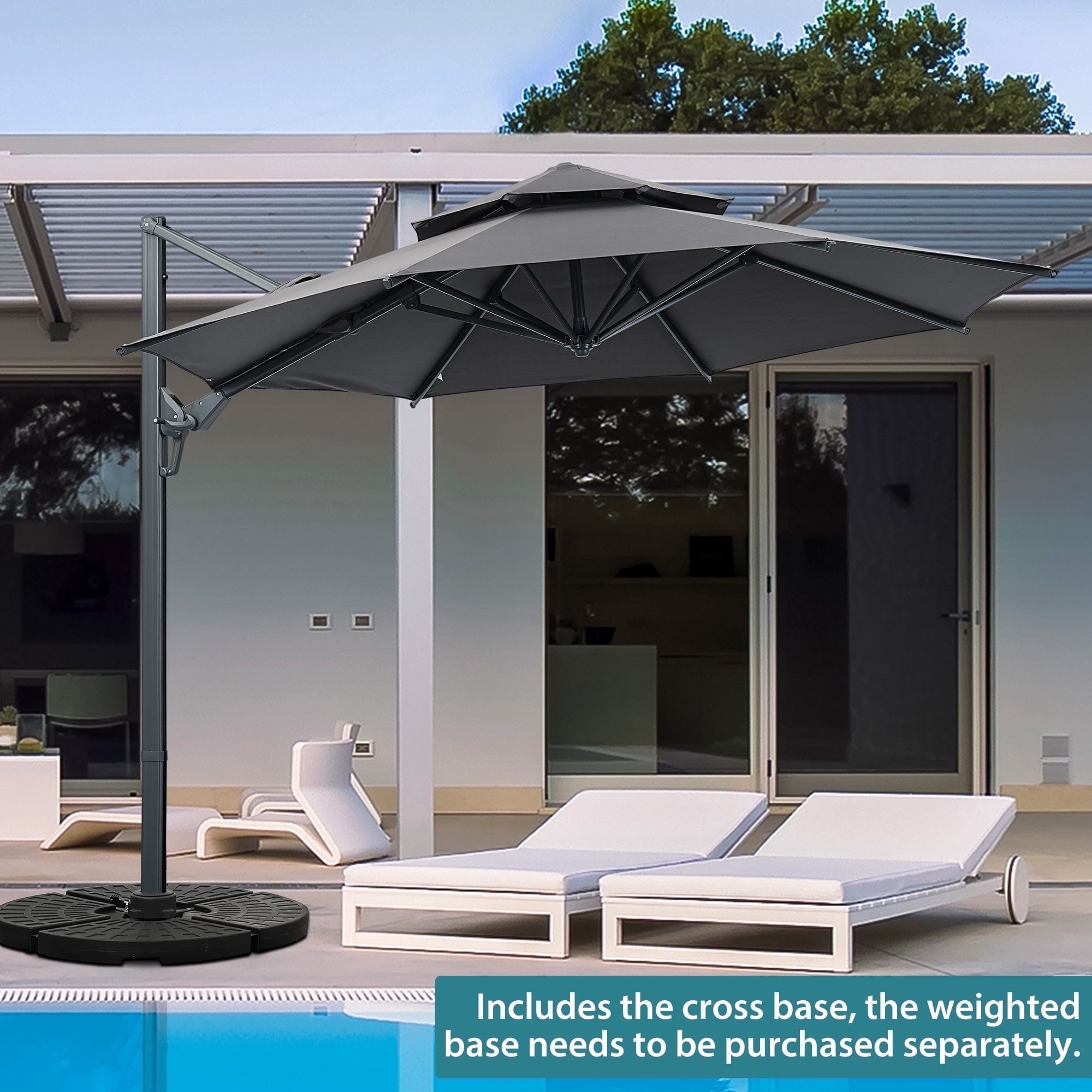 Ainfox 10ft Double Top Heavy-Duty Patio Cantilever Umbrella with lights and Cross Base, Outdoor Large Offset Hanging Aluminum Rotation Sun Shade Solar Umbrella with 360°Rotation Adjustable,Khaki