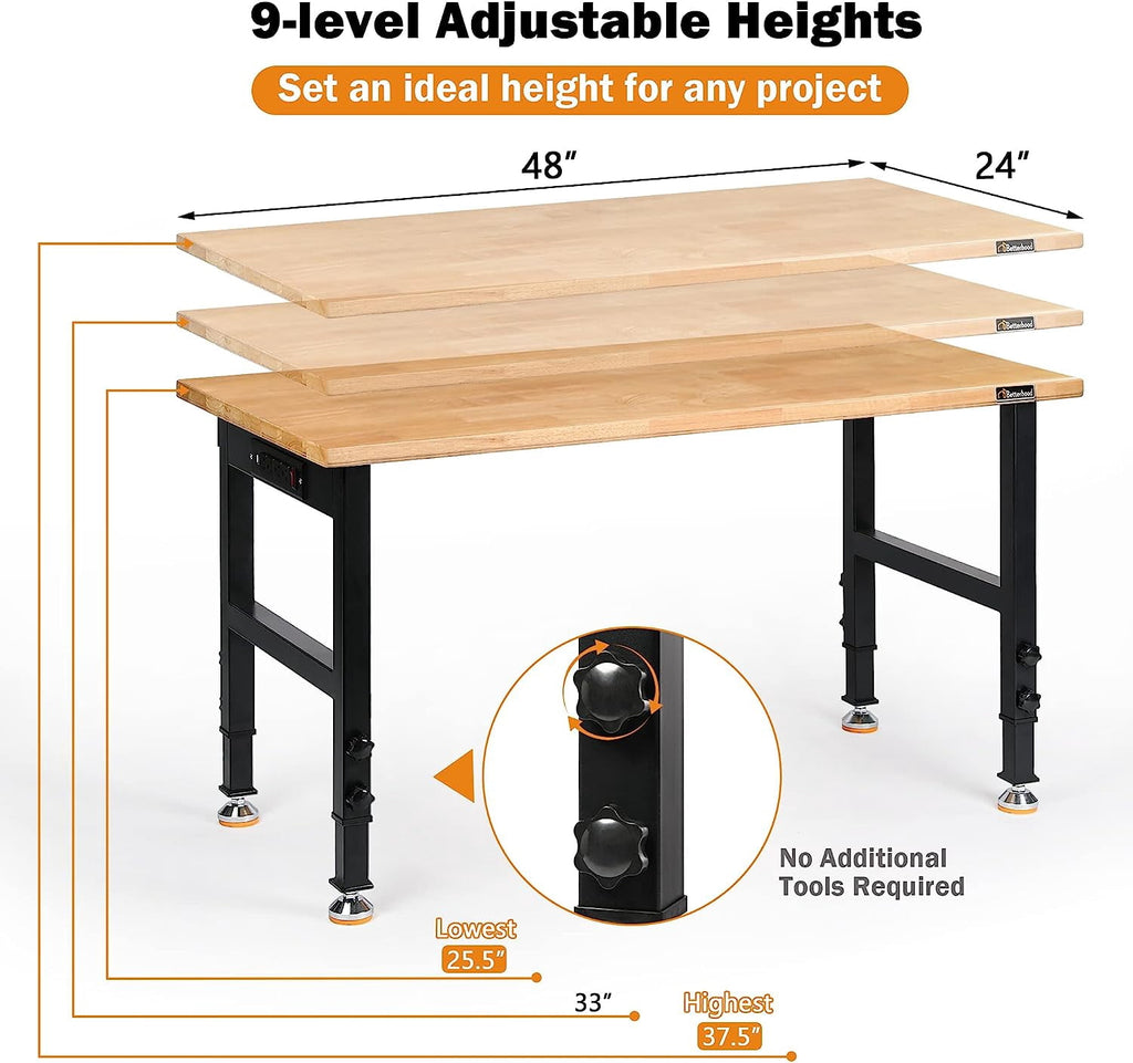 Tolead 60 Heavy-Duty Adjustable Workbench with Power Outlets, Rubber Wood Shop Table, Metal Wheels, Workstation