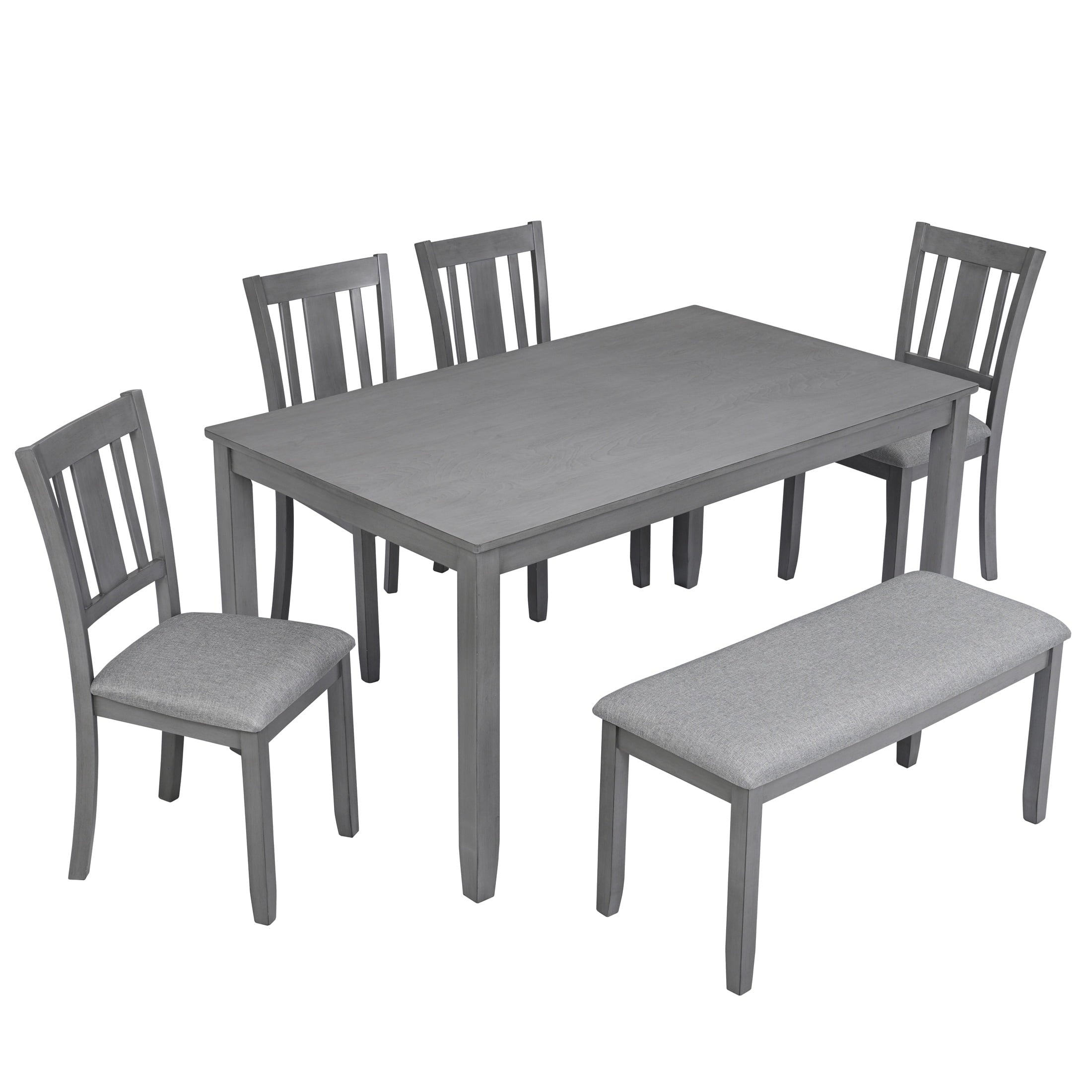 Dining Room Set, LEGAHOME 6 Piece Dining Sets with Bench and Chairs, Solid Wood Kitchen Dining Table Set for 6 with Upholstered Chairs, Gray