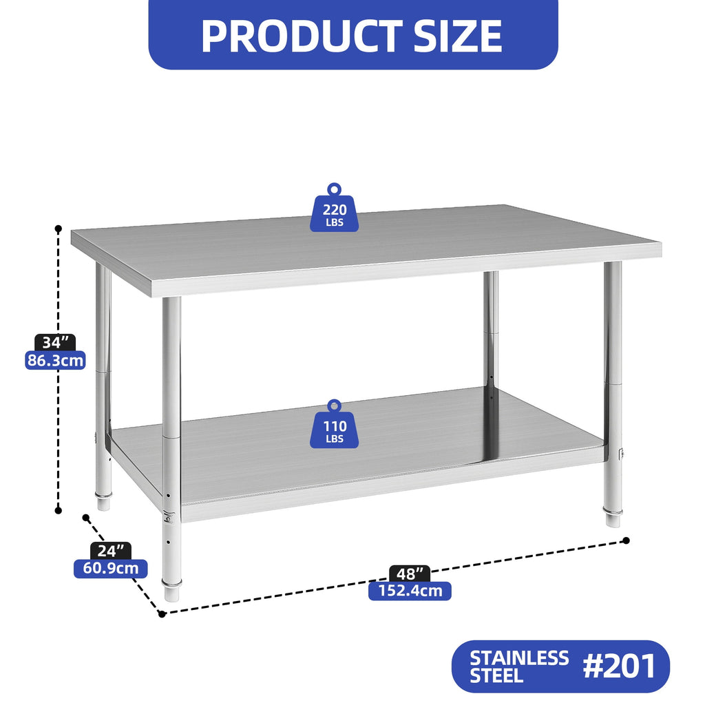 ModFusion 60x24 Heavy-Duty Stainless Steel Workbench with Adjustable Kitchen Rack, 5'x2'x2.8' ft Metal Prep Detailing Table, Home Steel Shelving, Utility Tools