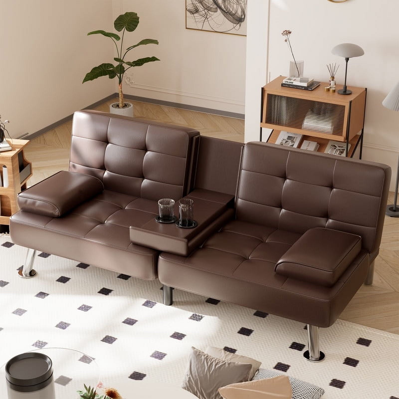Furmax 3-in-1 Futon Sofa Bed Convertible Couch – Faux Leather Recliner with Cup Holders for Living Room, Apartment & Small Space, Black