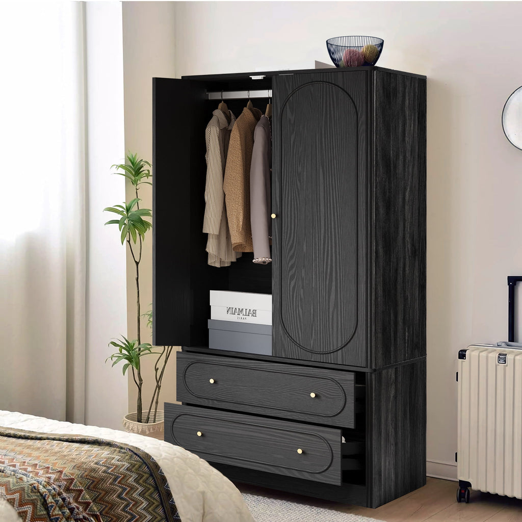 Wirrytor Freestanding Wooden Armoire Wardrobe with 2 Woven Doors and Storage Drawers, Space-Saving Closet Cabinet for Bedroom, Sturdy Mdf Board Closet with Hanging Rail