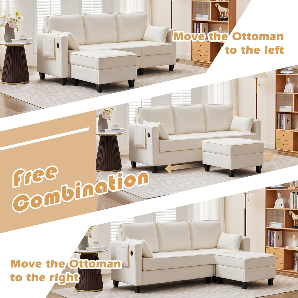 Haverchair L-Shape Chenille Sectional Sofa with Storage Ottoman,Modern Convertible Couch with Removable Cover,USB and Type-C,Side Pockets,Armrest Pillows for Living Room,Apartment,Office,White