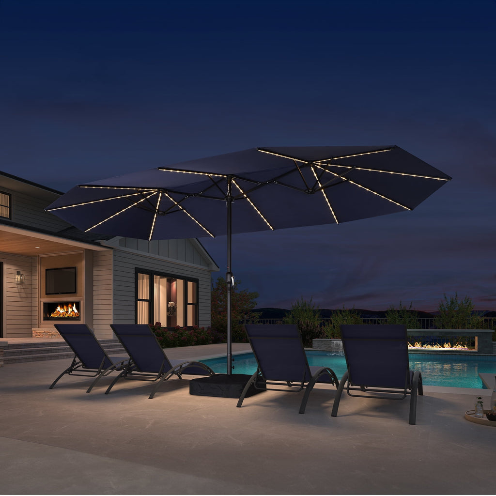 PURPLE LEAF 13ft Market Patio Umbrella with Solar LED and Base Double-Sided Sun Umbrellas for Pool Beach Deck Backyard Taupe