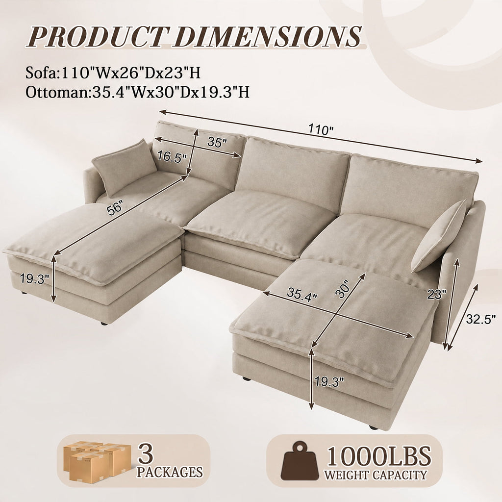 Muumblus Sectional Sofa Cloud Couch with Reversible Ottoman, L-Shaped Chenille Sofa for Living Rooms, Beige