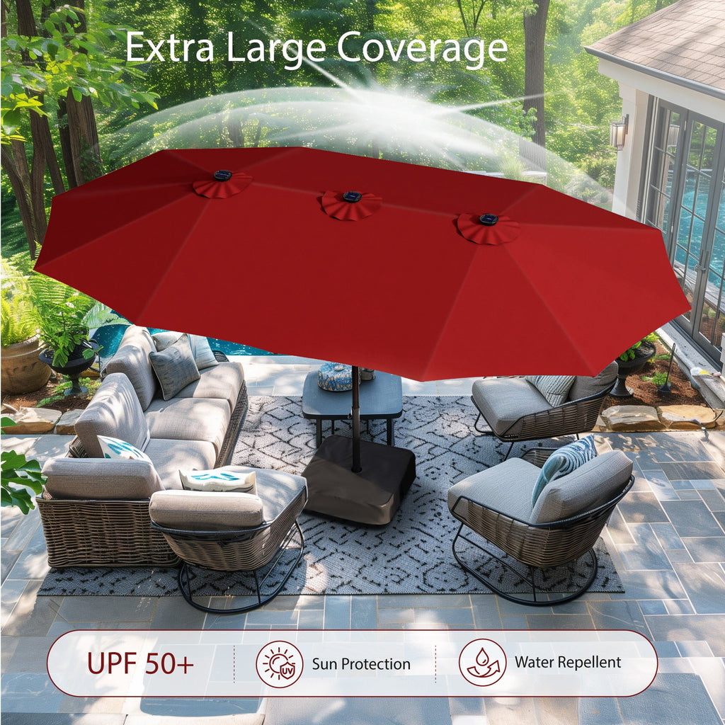 Alpha Joy 15ft Extra Large Outdoor Patio Double-Sided Umbrella with LED Solar Lights & Umbrella Base, Beige