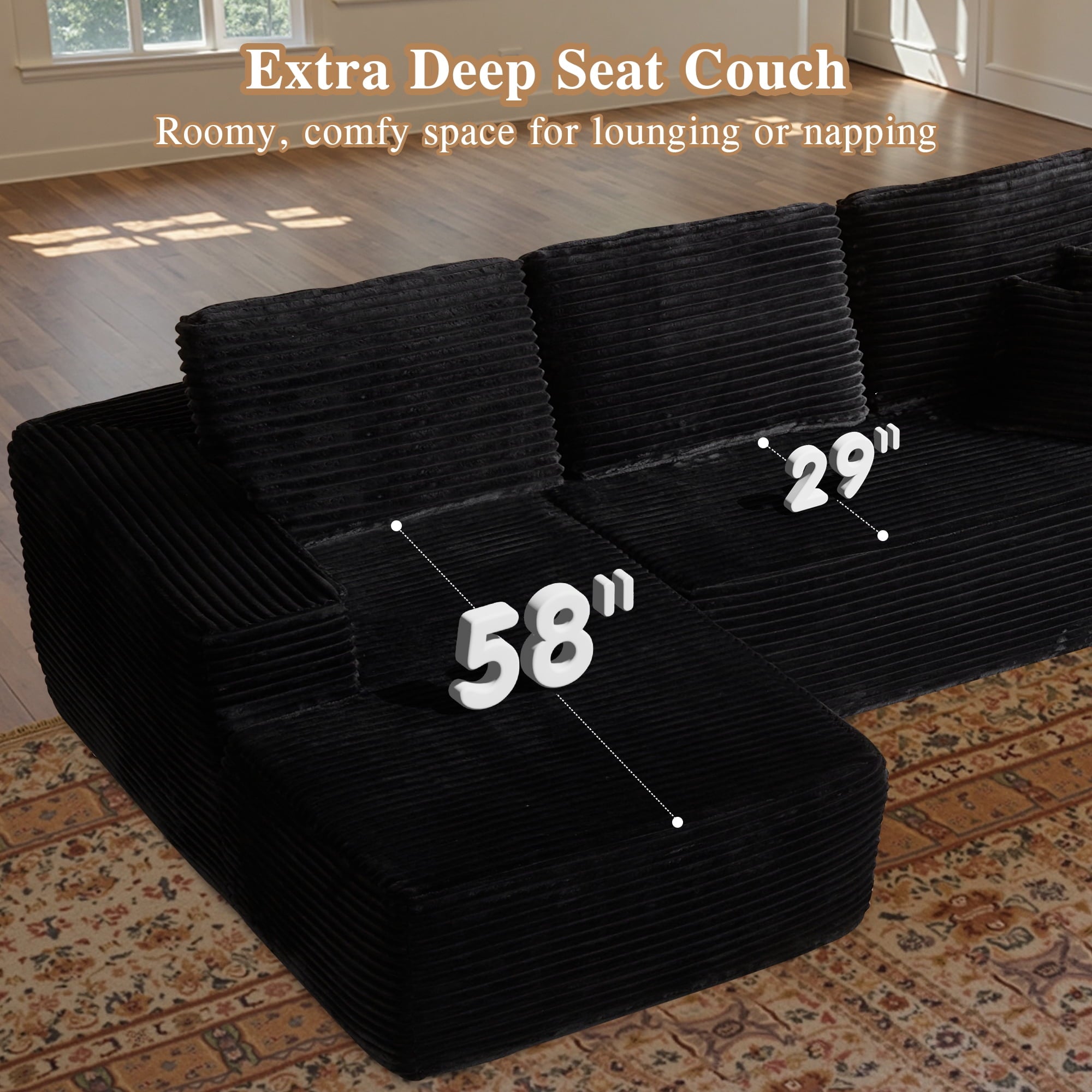 Ovios 106 Cloud Sofa Couch No Assembly Boneless Deep Seat Sofa for Living Room, Black (Corduroy)