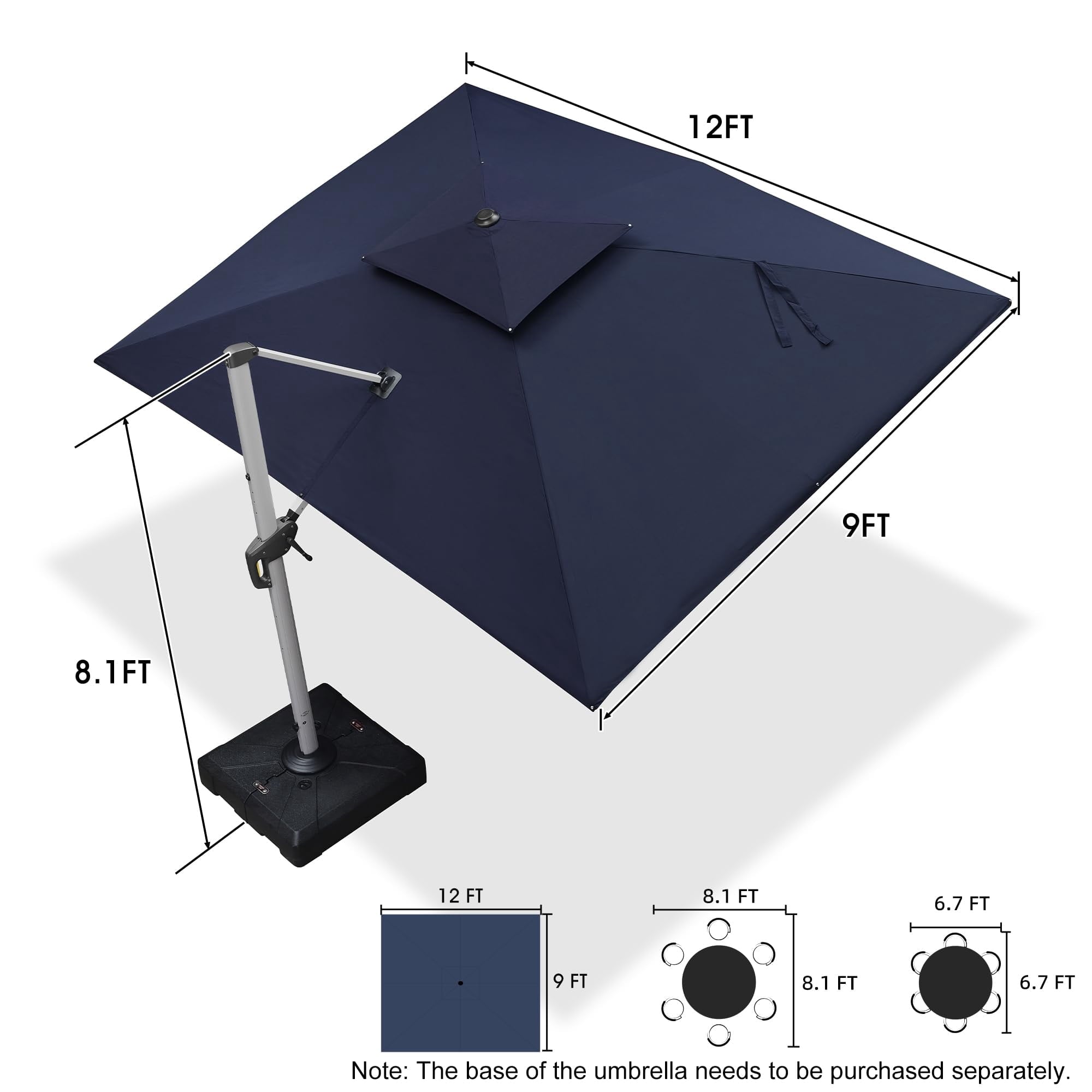 PURPLE LEAF 10 x 13FT Deluxe Rectangular Patio Umbrella, Large Offset Cantilever Umbrella with 360° Rotation, Gray