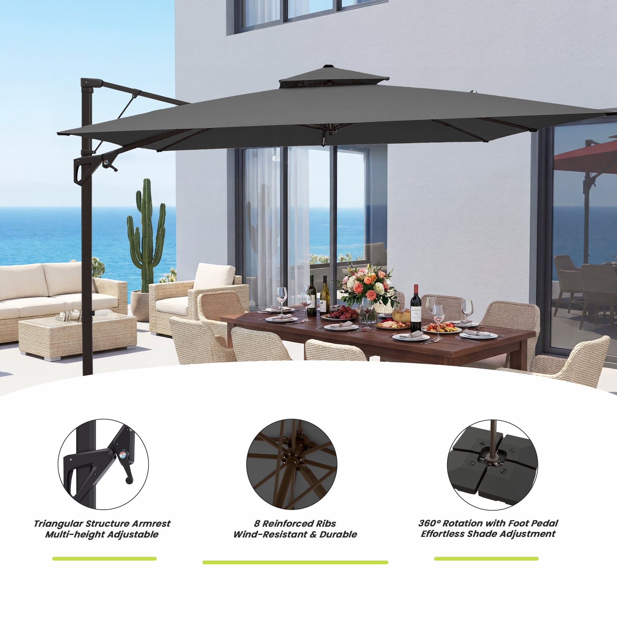 FUNDAZE 10x10ft Cantilever Patio Umbrella with Cross Base & Cover, Waterproof UV Resistant for Garden Poolside Cafe & Deck, Beige