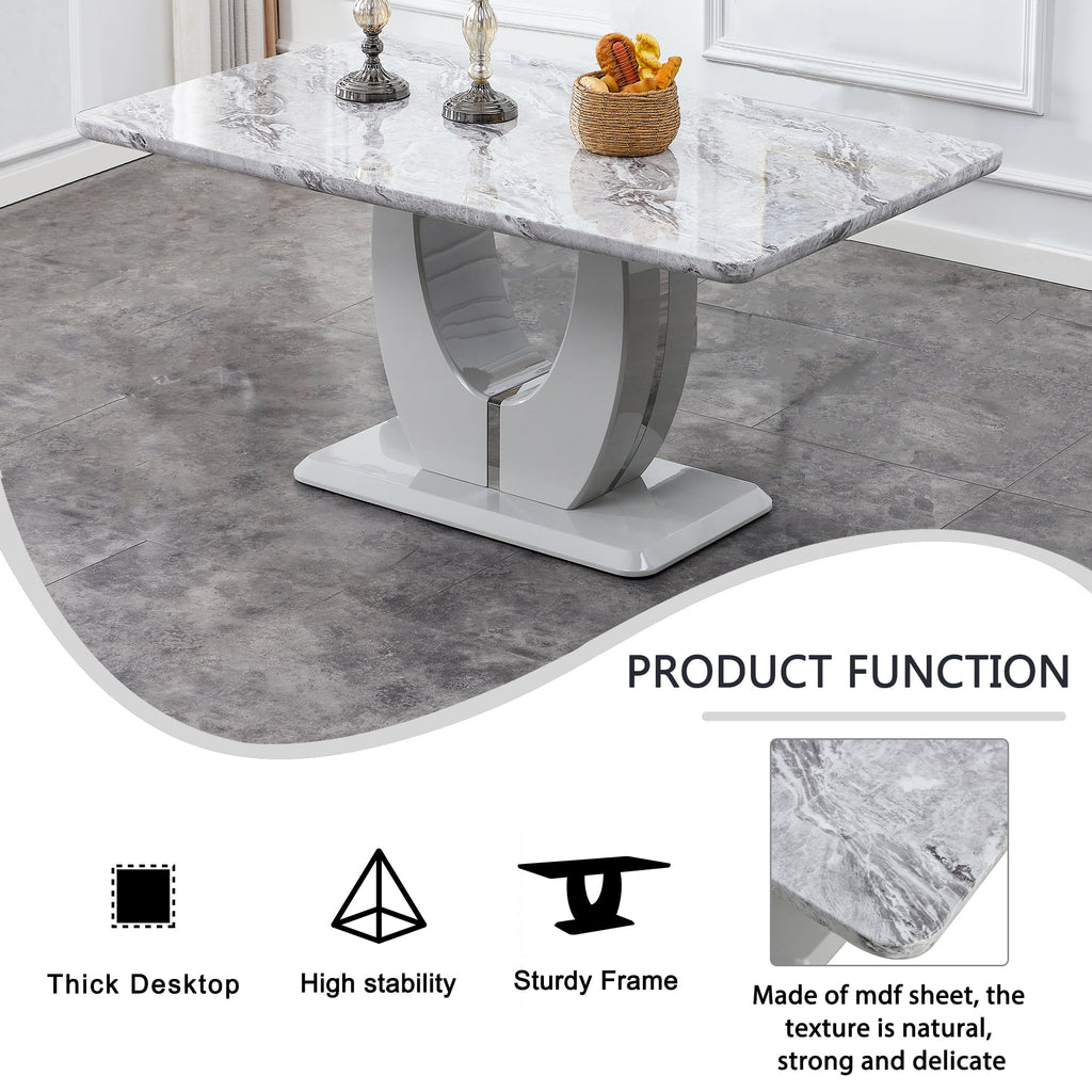 63 Modern White Rectangle Faux Marble Dining Table Room Sets for 4,Dining Table with 4 Velvet Dining Chairs,White Table and 4 Gray Chairs with Silver Leg